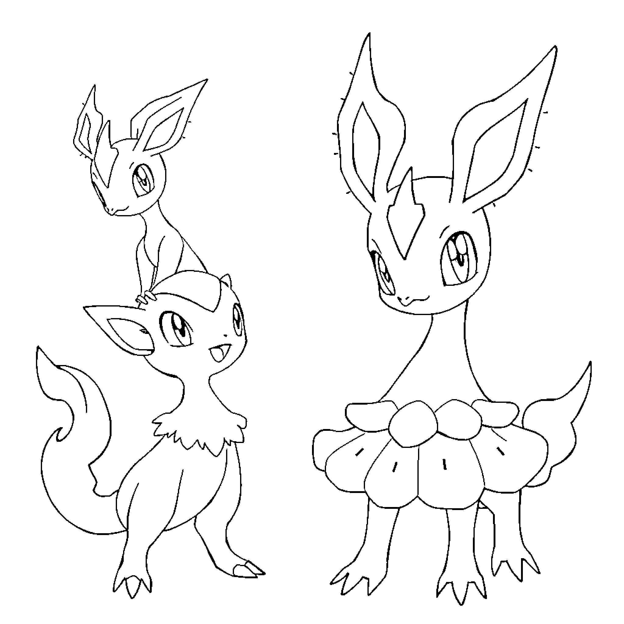 Eevee and its evolutions in line art Coloring Page (free black-and-white line drawing printable PDF for all, from beginners to advanced learners, including children, teens, adults, and seniors)