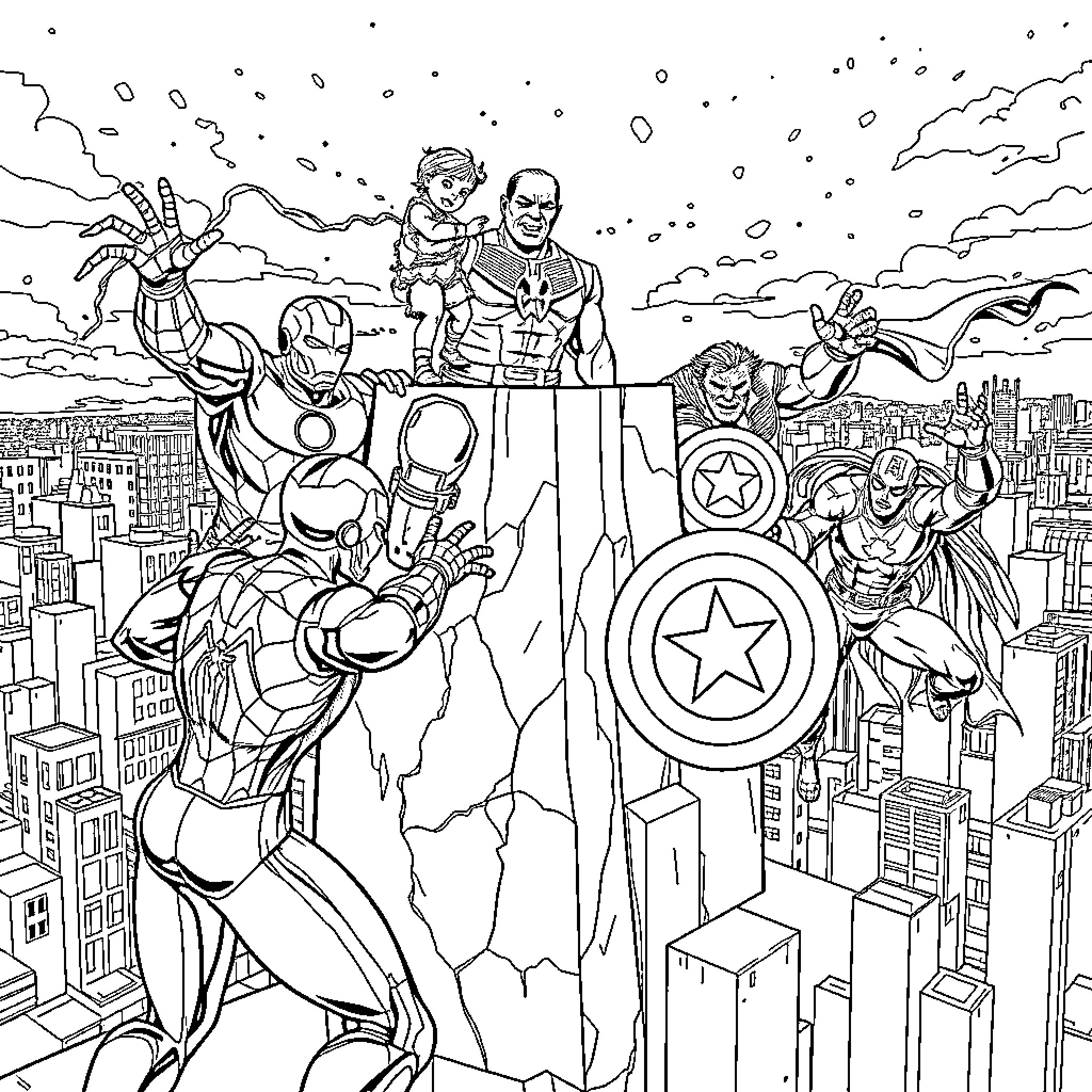 Avengers Assemble for Epic Heroic Battle Coloring Page (free black-and-white line drawing printable PDF for all, from beginners to advanced learners, including children, teens, adults, and seniors)