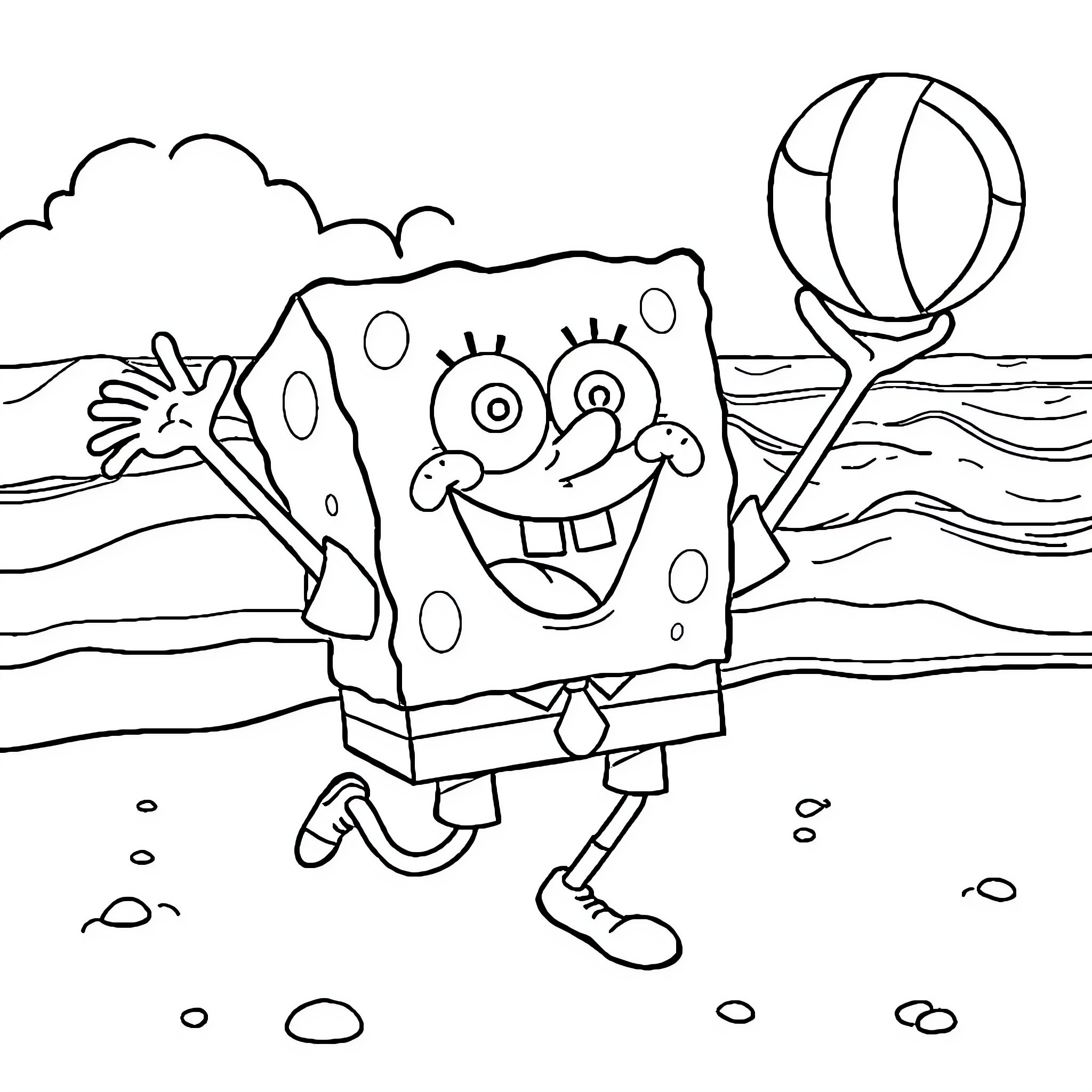 Spongebob playing happily with beachball on the shore Coloring Page (free black-and-white line drawing printable PDF for all, from beginners to advanced learners, including children, teens, adults, and seniors)