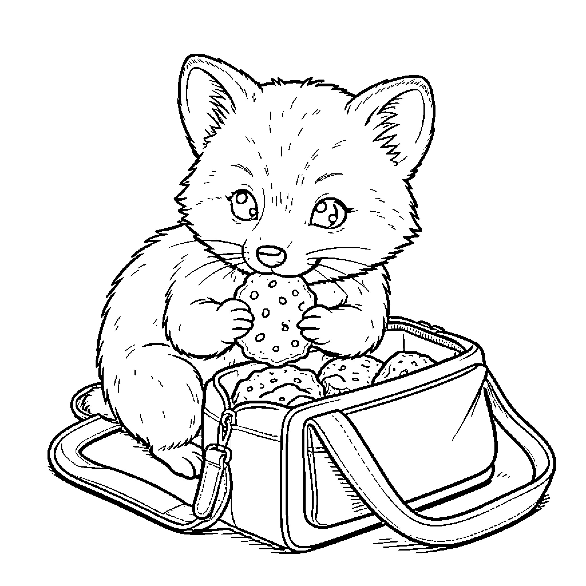 Zorro the Cute Kitten in the Carrying Bag Coloring Page (free black-and-white line drawing printable PDF for all, from beginners to advanced learners, including children, teens, adults, and seniors)