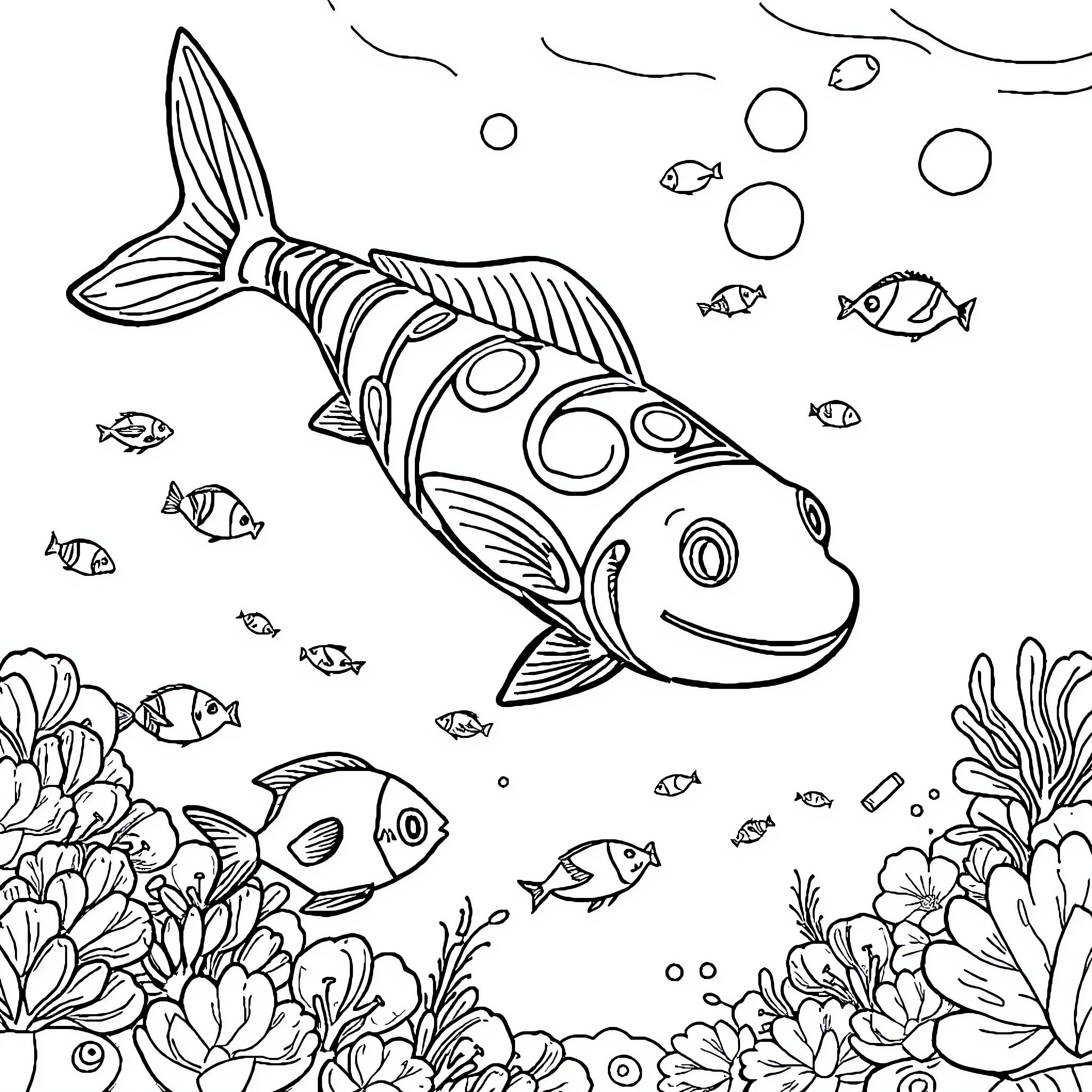 Submarine creature swimming among colorful marine life Coloring Page (free black-and-white line drawing printable PDF for all, from beginners to advanced learners, including children, teens, adults, and seniors)