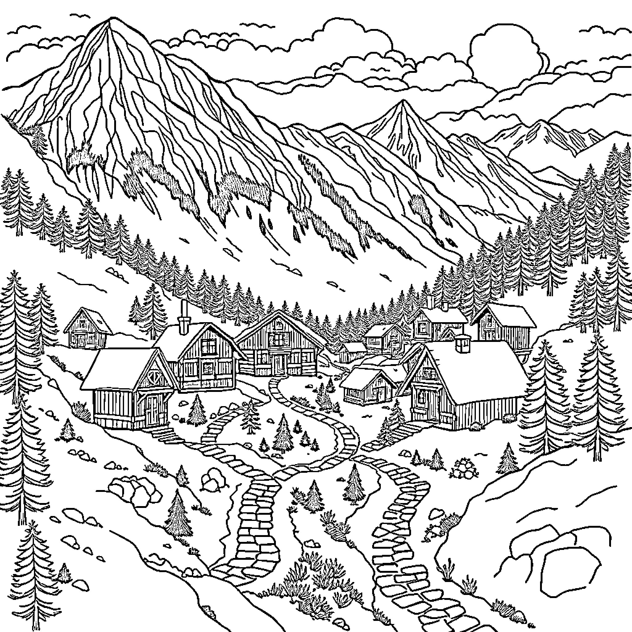 Mountain Village with Winding Path and Pine Trees Coloring Page (free black-and-white line drawing printable PDF for all, from beginners to advanced learners, including children, teens, adults, and seniors)
