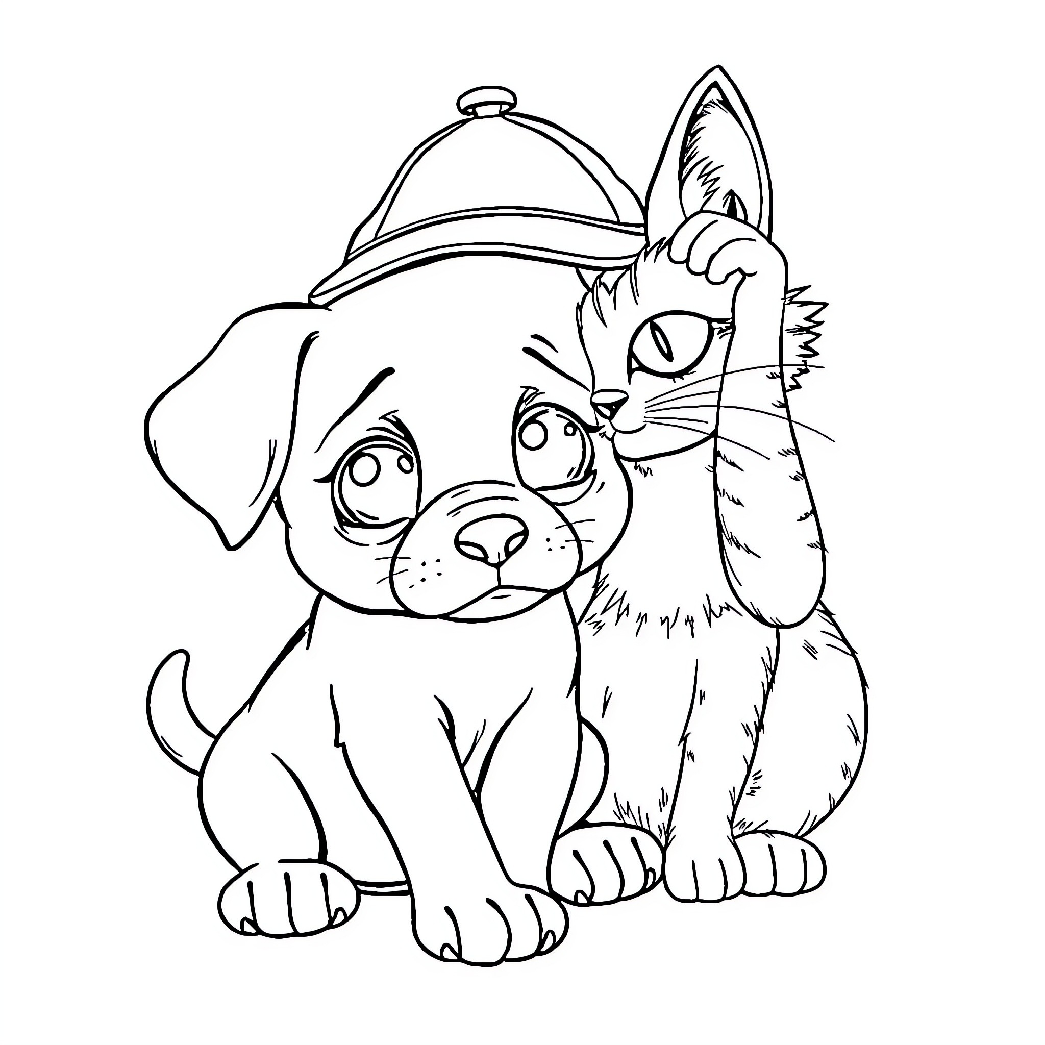 Puppy and Kitten Wearing Hats Coloring Page (free black-and-white line drawing printable PDF for all, from beginners to advanced learners, including children, teens, adults, and seniors)