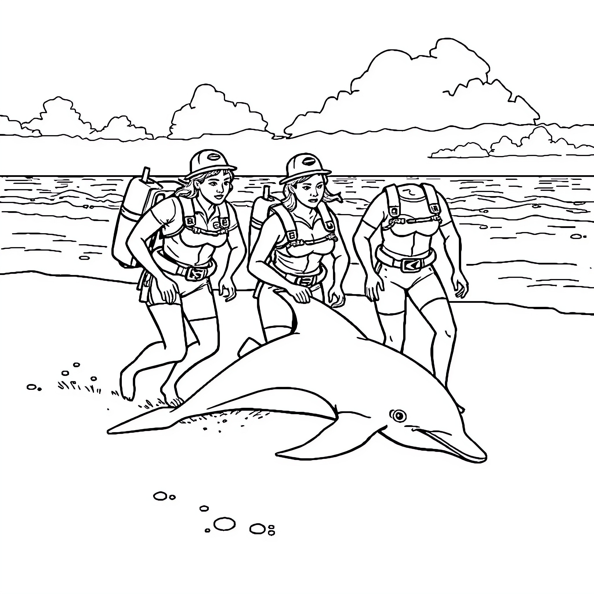 Lifeguards assisting a dolphin in the water Coloring Page (free black-and-white line drawing printable PDF for all, from beginners to advanced learners, including children, teens, adults, and seniors)