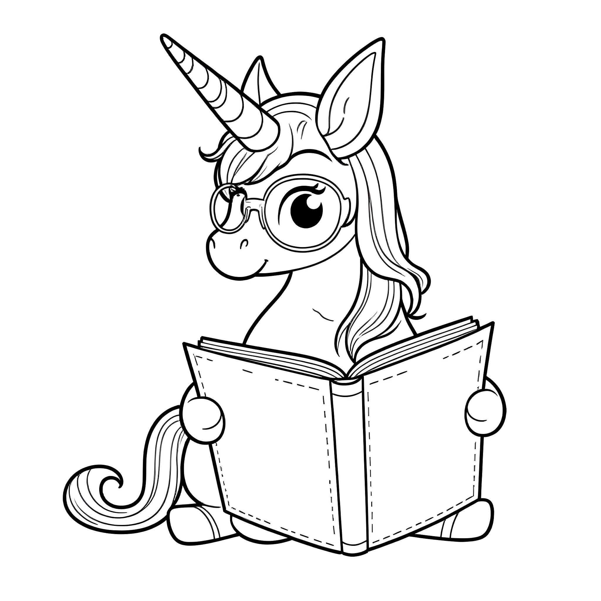 Unicorn reading a book happily Coloring Page (free black-and-white line drawing printable PDF for all, from beginners to advanced learners, including children, teens, adults, and seniors)