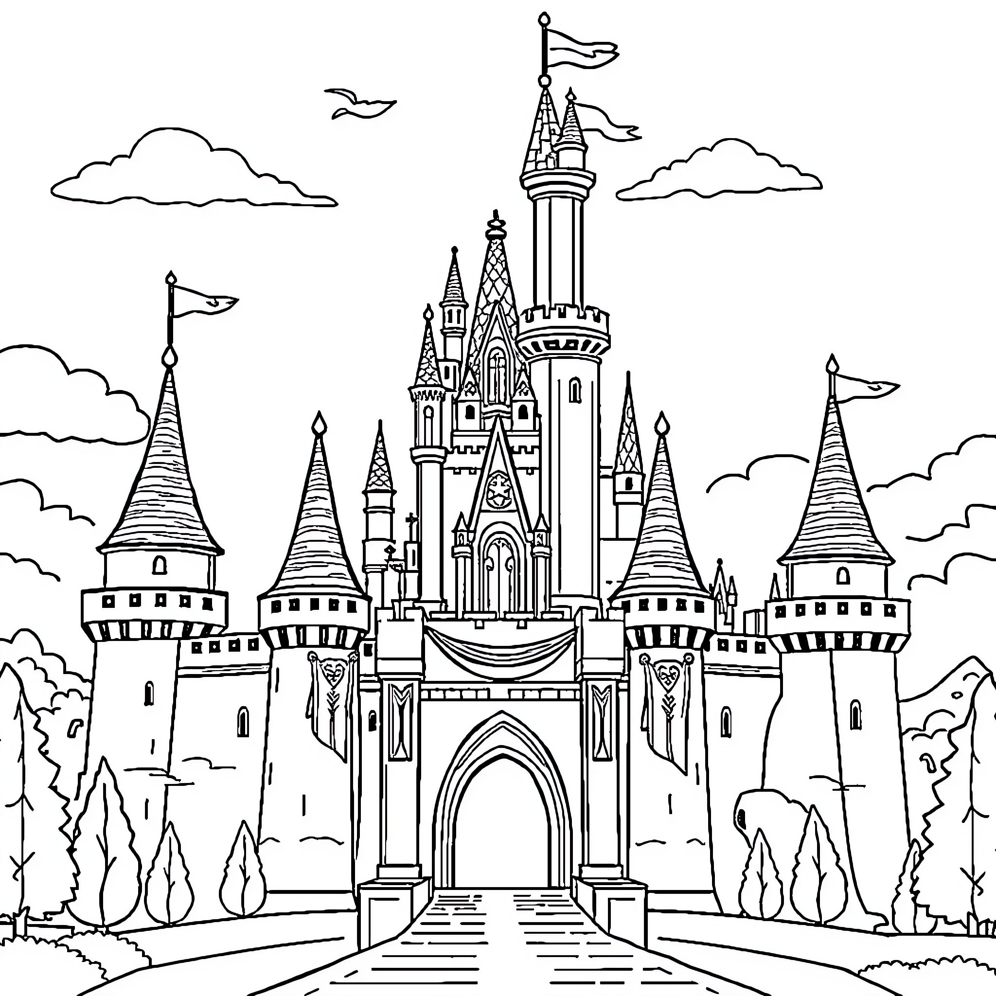 Castle of Majestic Towers and Spires Coloring Page (free black-and-white line drawing printable PDF for all, from beginners to advanced learners, including children, teens, adults, and seniors)