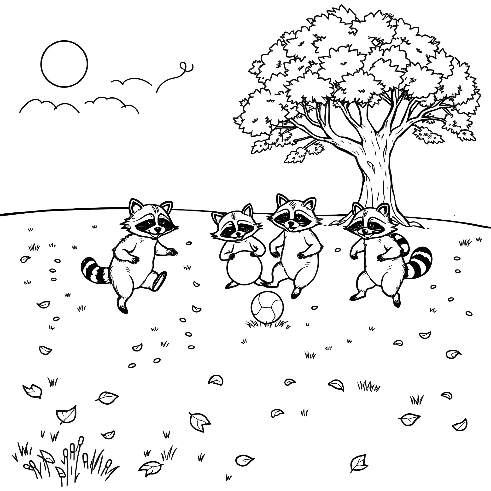 Raccoon family playing joyfully in the park Coloring Page (free black-and-white line drawing printable PDF for all, from beginners to advanced learners, including children, teens, adults, and seniors)