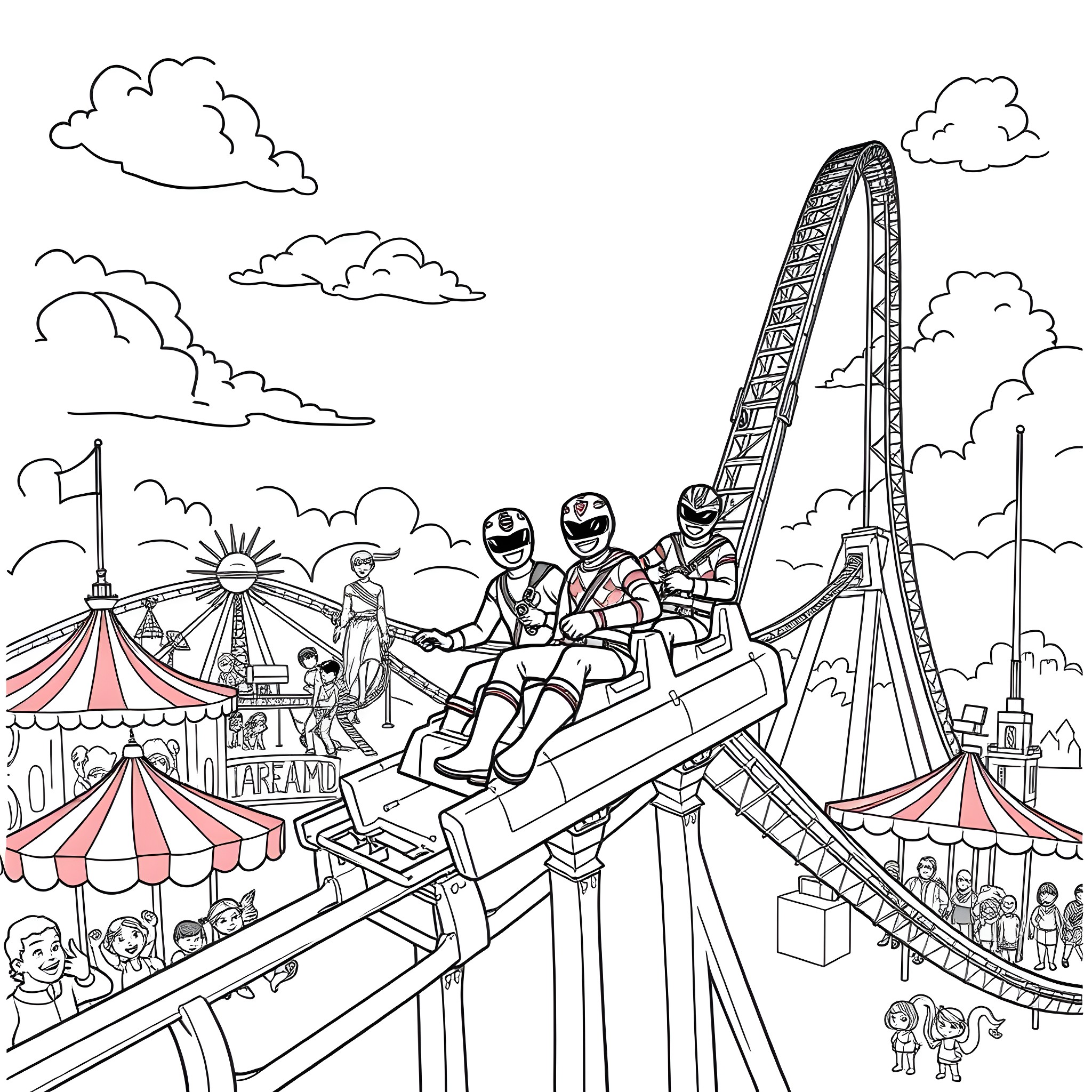 Fireman Sam and Friends Enjoying a Day at the Amusement Park Coloring Page (free black-and-white line drawing printable PDF for all, from beginners to advanced learners, including children, teens, adults, and seniors)