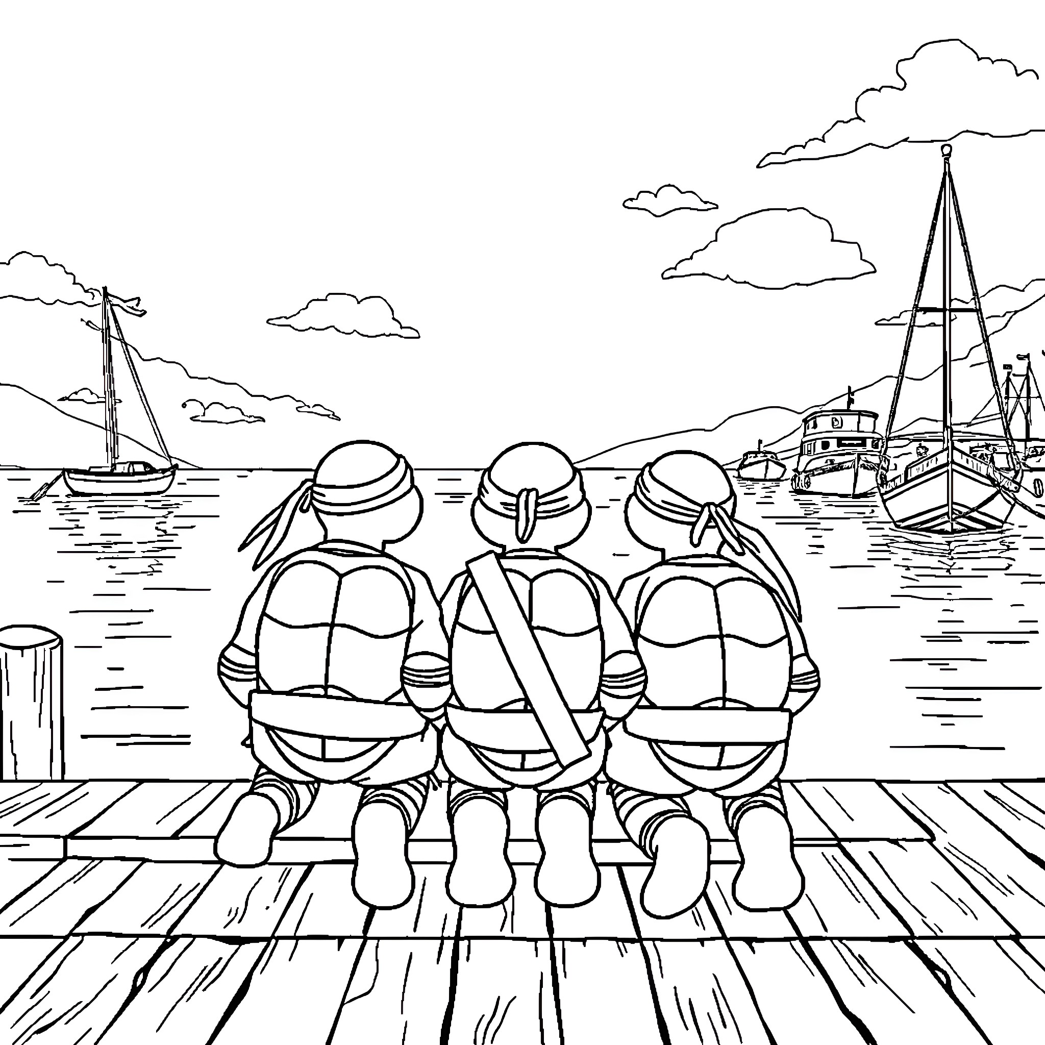 Ninja Turtles Enjoying Scenic Ocean View on Dock Coloring Page (free black-and-white line drawing printable PDF for all, from beginners to advanced learners, including children, teens, adults, and seniors)