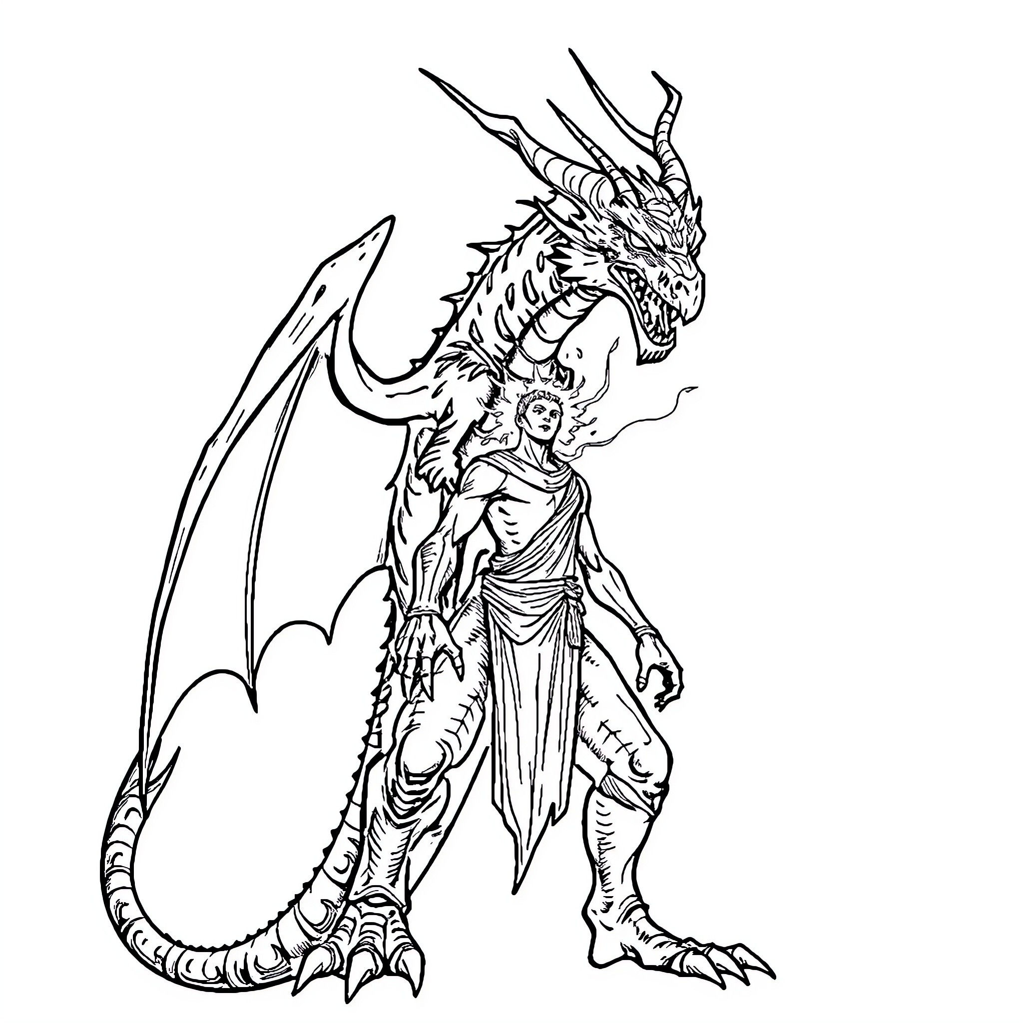 Dragon warrior in fierce battle stance Coloring Page (free black-and-white line drawing printable PDF for all, from beginners to advanced learners, including children, teens, adults, and seniors)