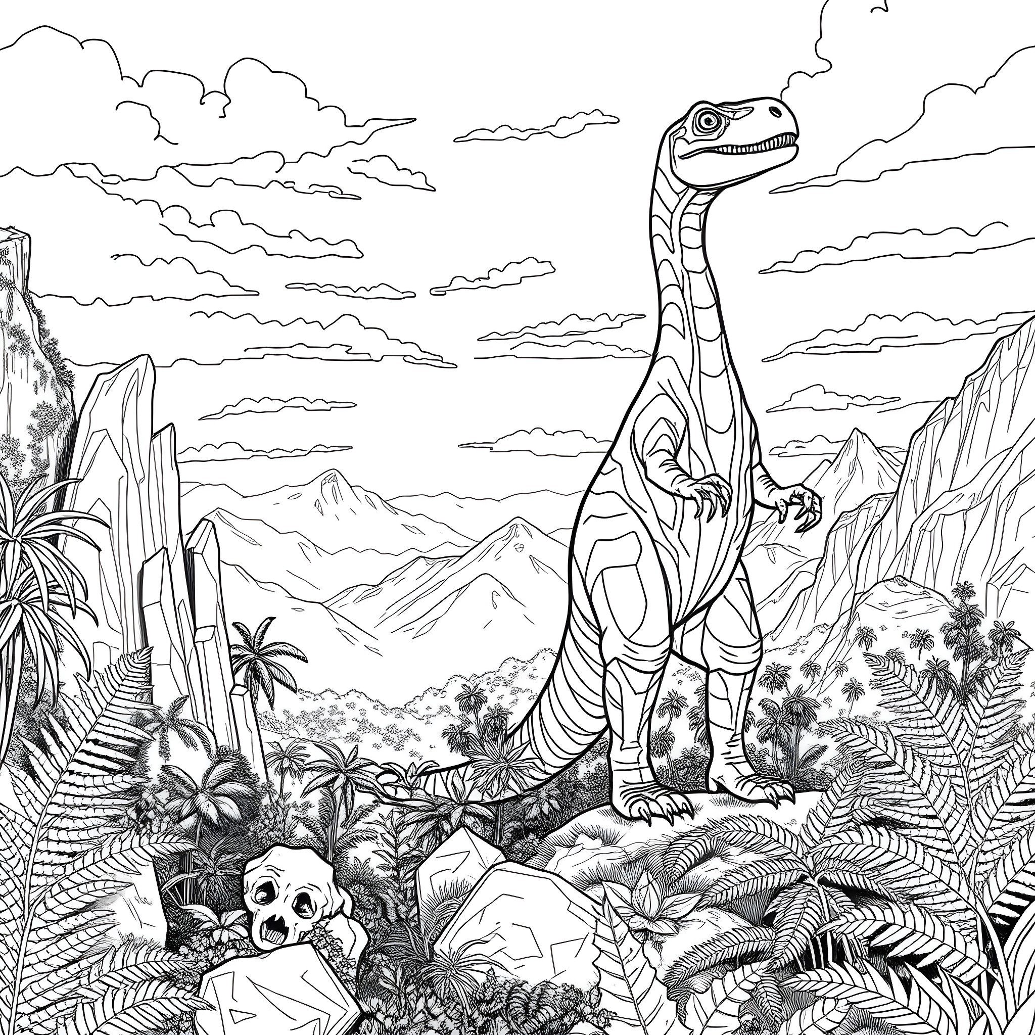 Plant Eater Dinosaur Exploring the Prehistoric Landscape Coloring Page (free black-and-white line drawing printable PDF for all, from beginners to advanced learners, including children, teens, adults, and seniors)