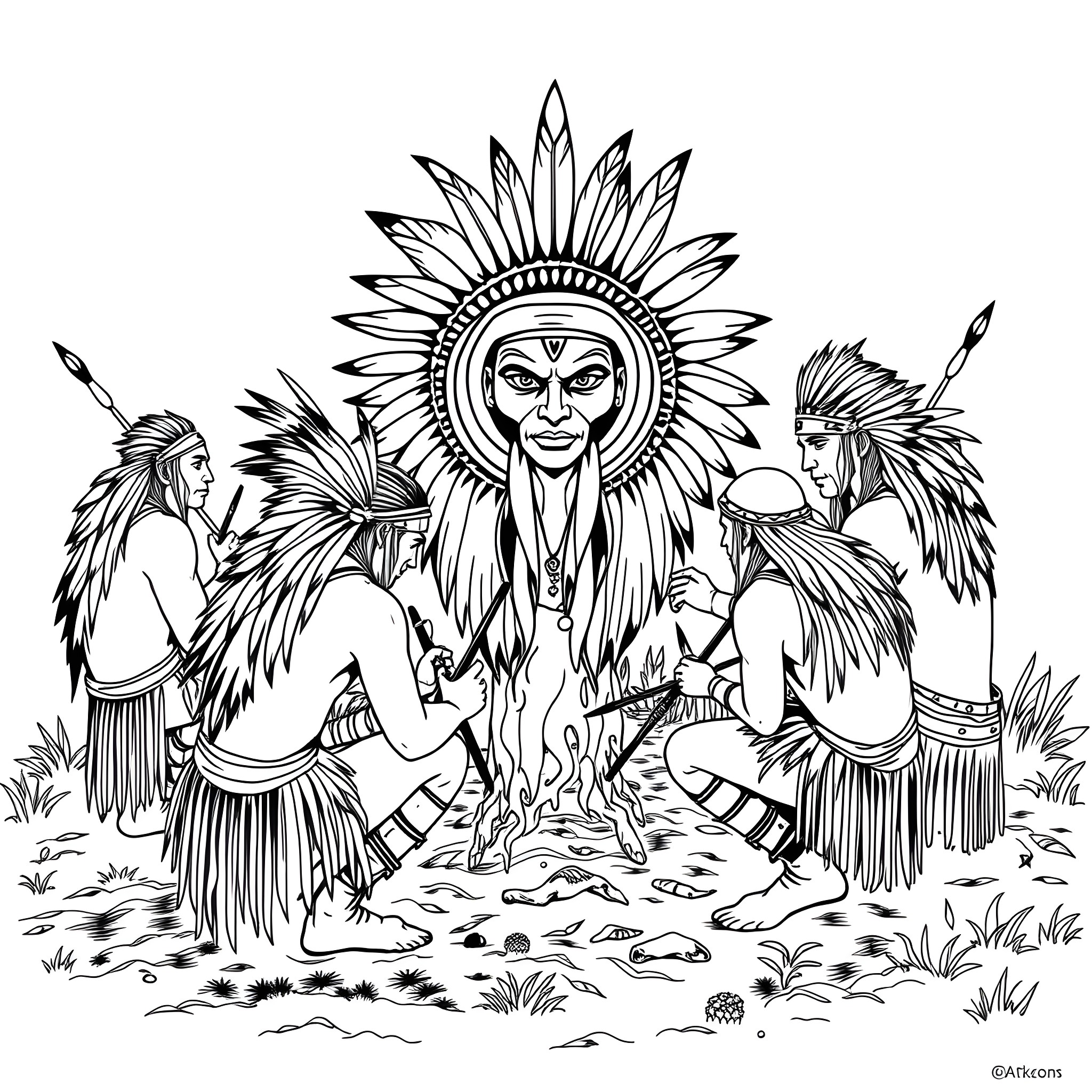 Cherokee Warrior Performing Ceremonial Ritual with Tribal Dancers Coloring Page (free black-and-white line drawing printable PDF for all, from beginners to advanced learners, including children, teens, adults, and seniors)