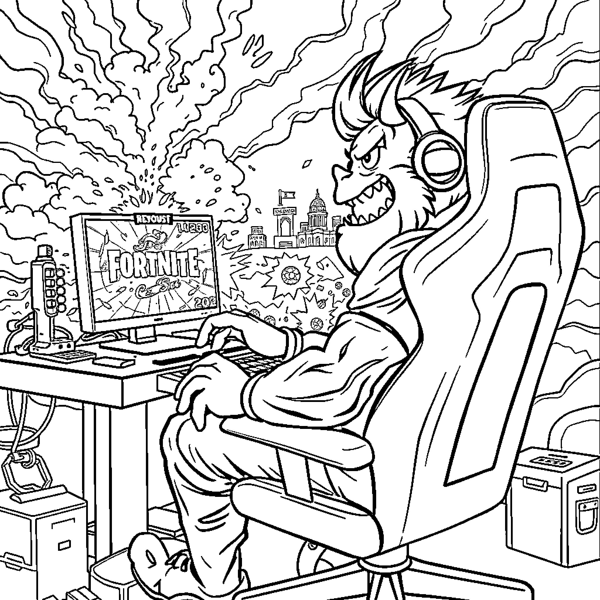 Mr Beast Raging Over Gaming Victory Coloring Page (free black-and-white line drawing printable PDF for all, from beginners to advanced learners, including children, teens, adults, and seniors)