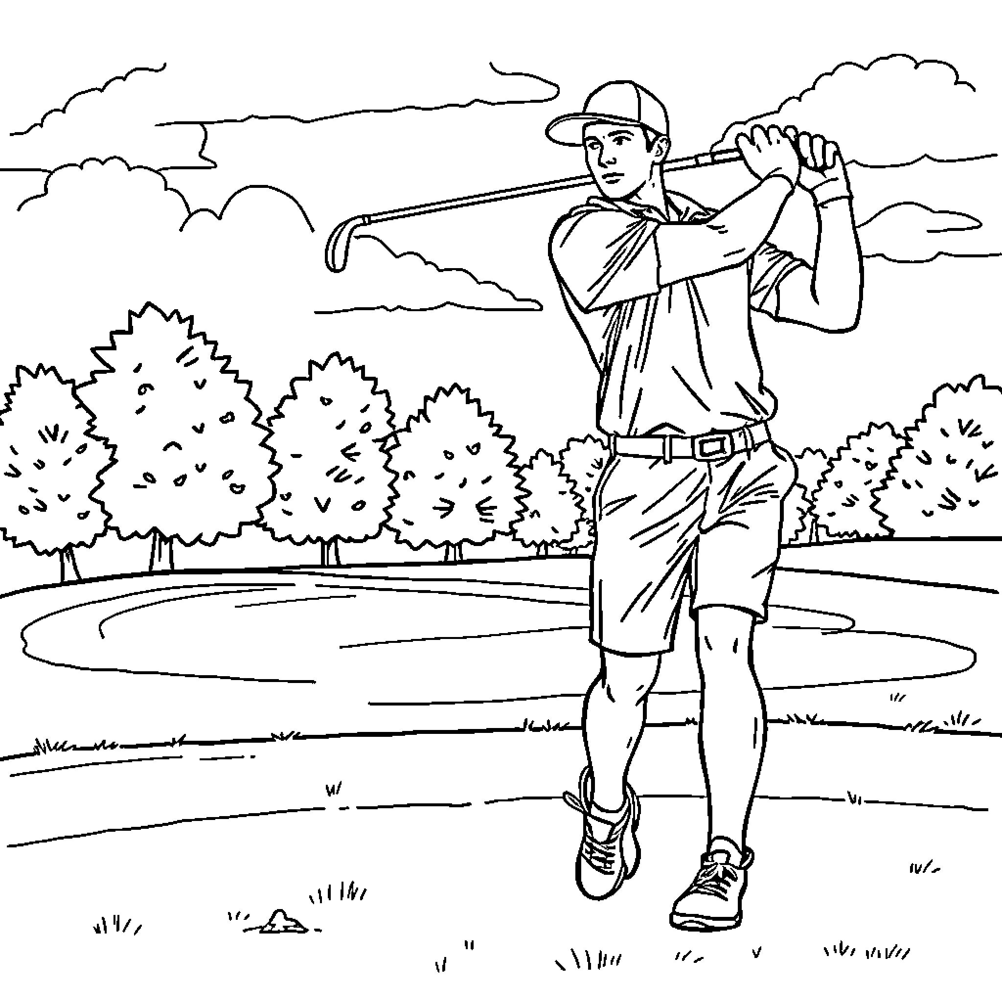 Football Player Swinging a Golf Club on the Course Coloring Page (free black-and-white line drawing printable PDF for all, from beginners to advanced learners, including children, teens, adults, and seniors)