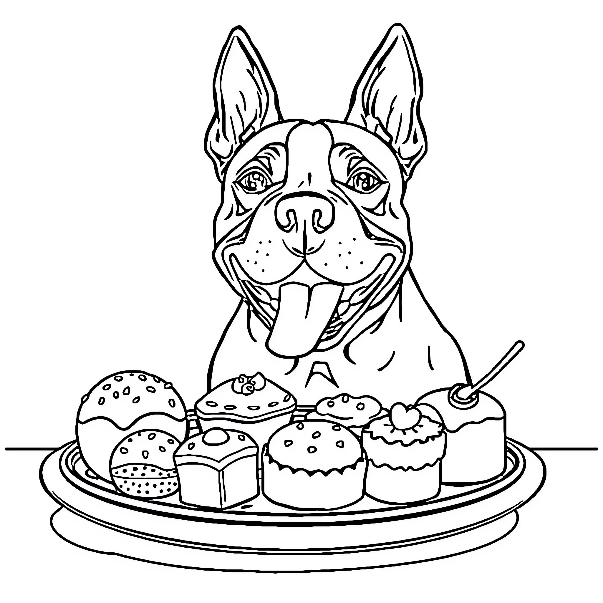 Staffordshire Terrier enjoying delicious treats Coloring Page (free black-and-white line drawing printable PDF for all, from beginners to advanced learners, including children, teens, adults, and seniors)