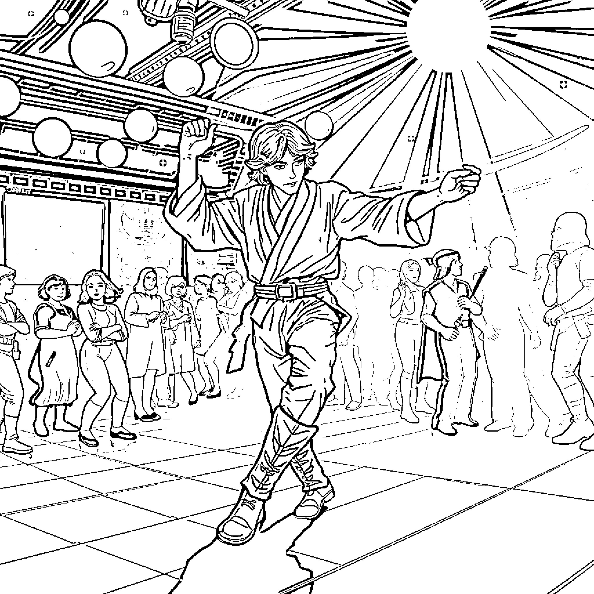 Luke Skywalker triumphantly celebrating victory in the Rebel Alliance Coloring Page (free black-and-white line drawing printable PDF for all, from beginners to advanced learners, including children, teens, adults, and seniors)
