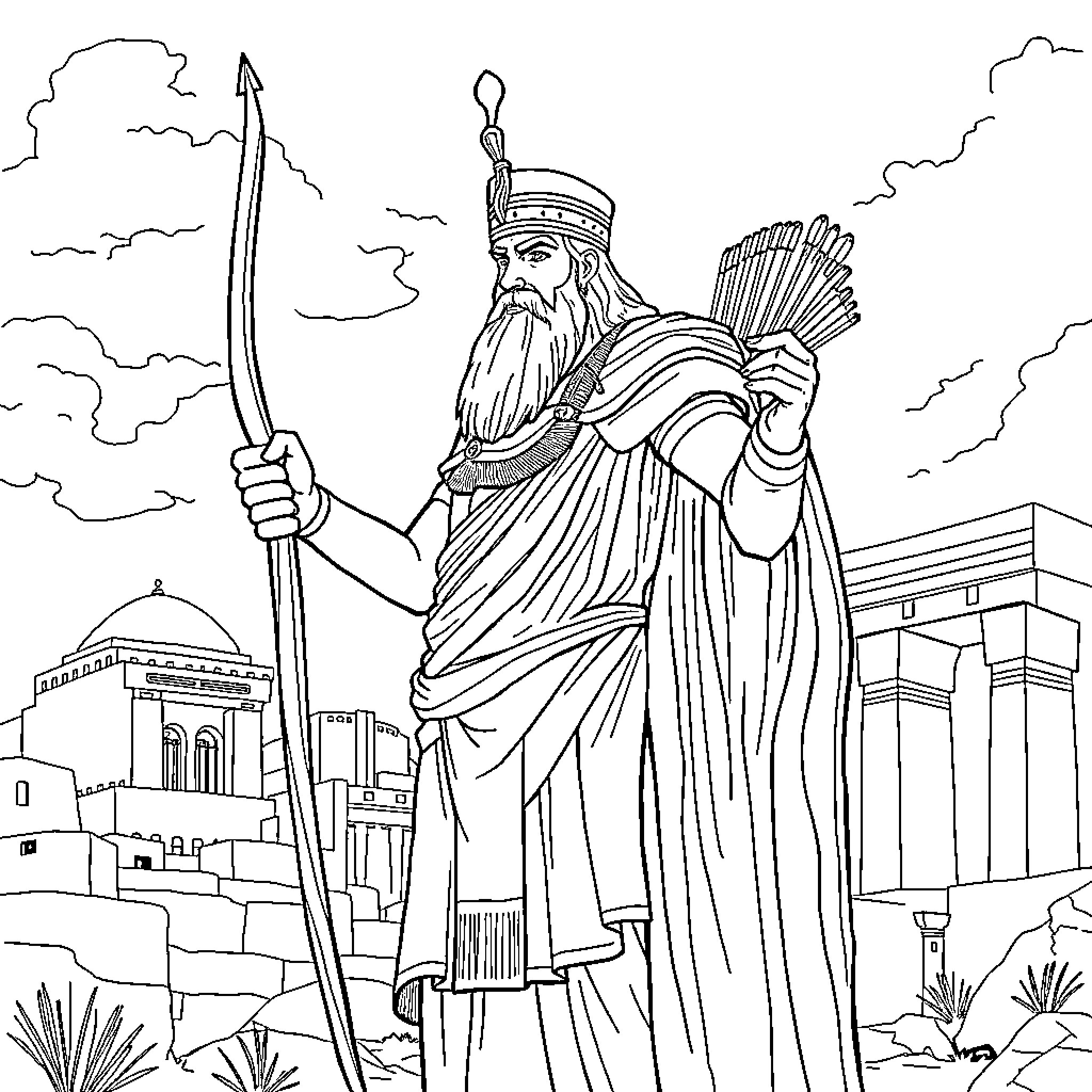 Assyrian King leading his army with bow and arrow Coloring Page (free black-and-white line drawing printable PDF for all, from beginners to advanced learners, including children, teens, adults, and seniors)