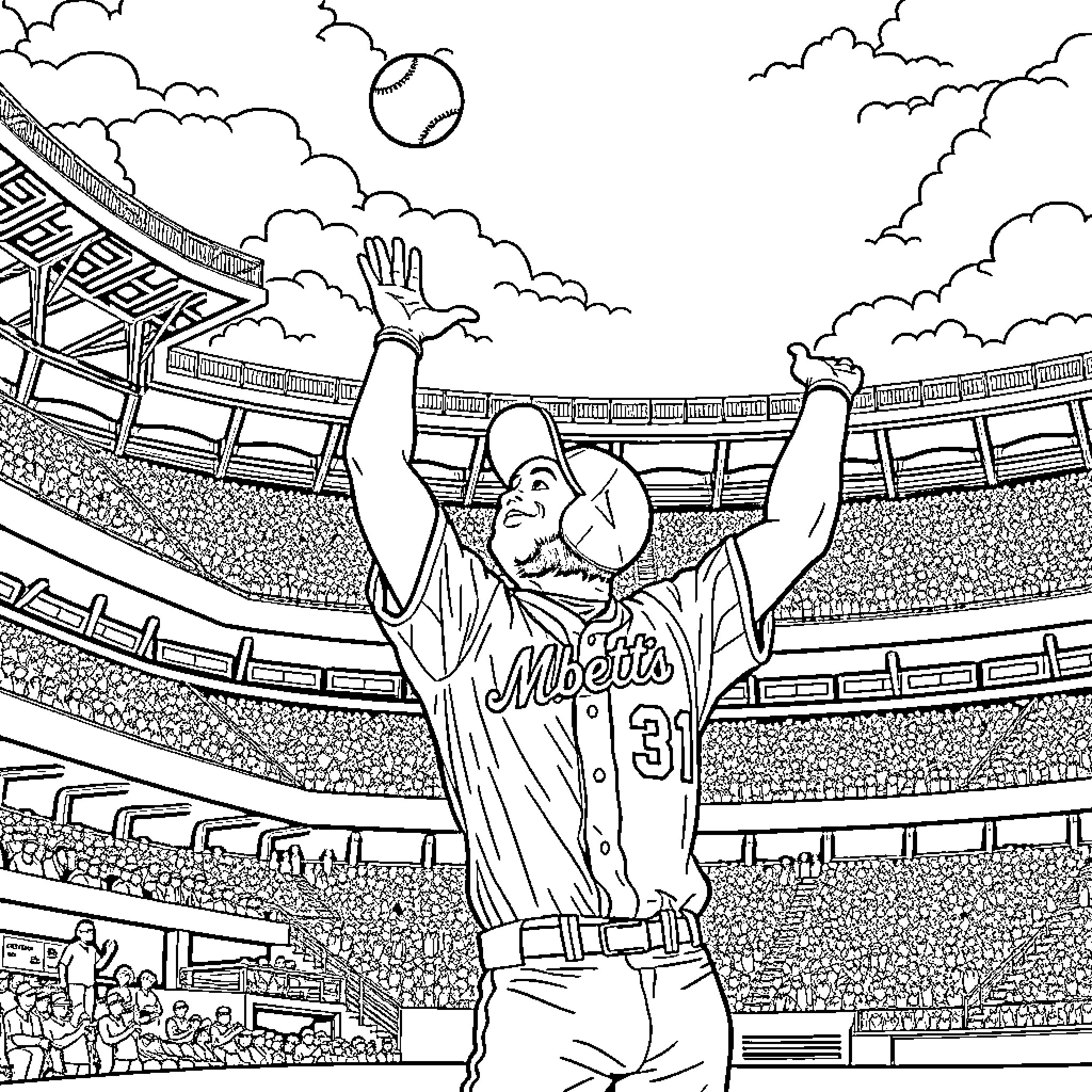 Bo Bichette making game-winning catch in stadium Coloring Page (free black-and-white line drawing printable PDF for all, from beginners to advanced learners, including children, teens, adults, and seniors)