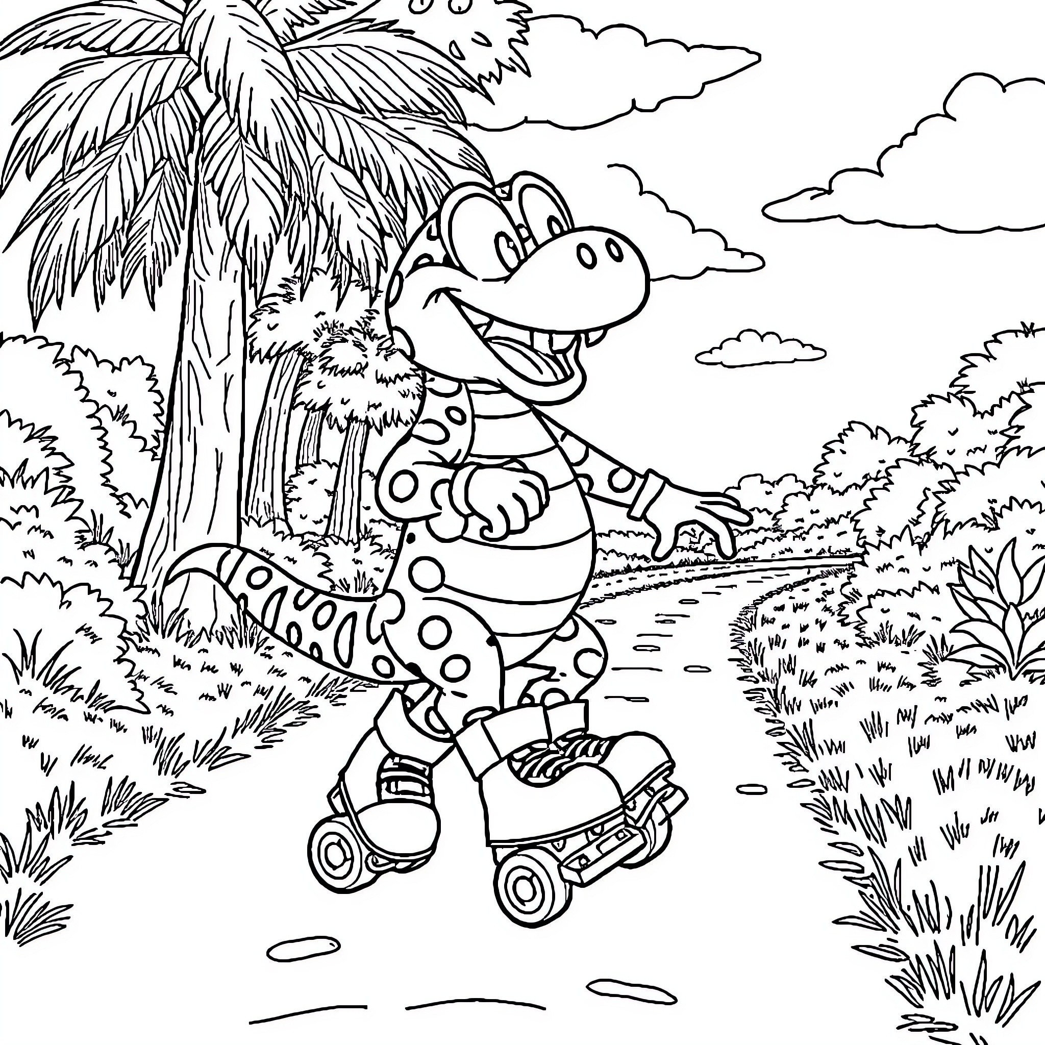 Marsupilami playing happily on a scooter in the jungle Coloring Page (free black-and-white line drawing printable PDF for all, from beginners to advanced learners, including children, teens, adults, and seniors)