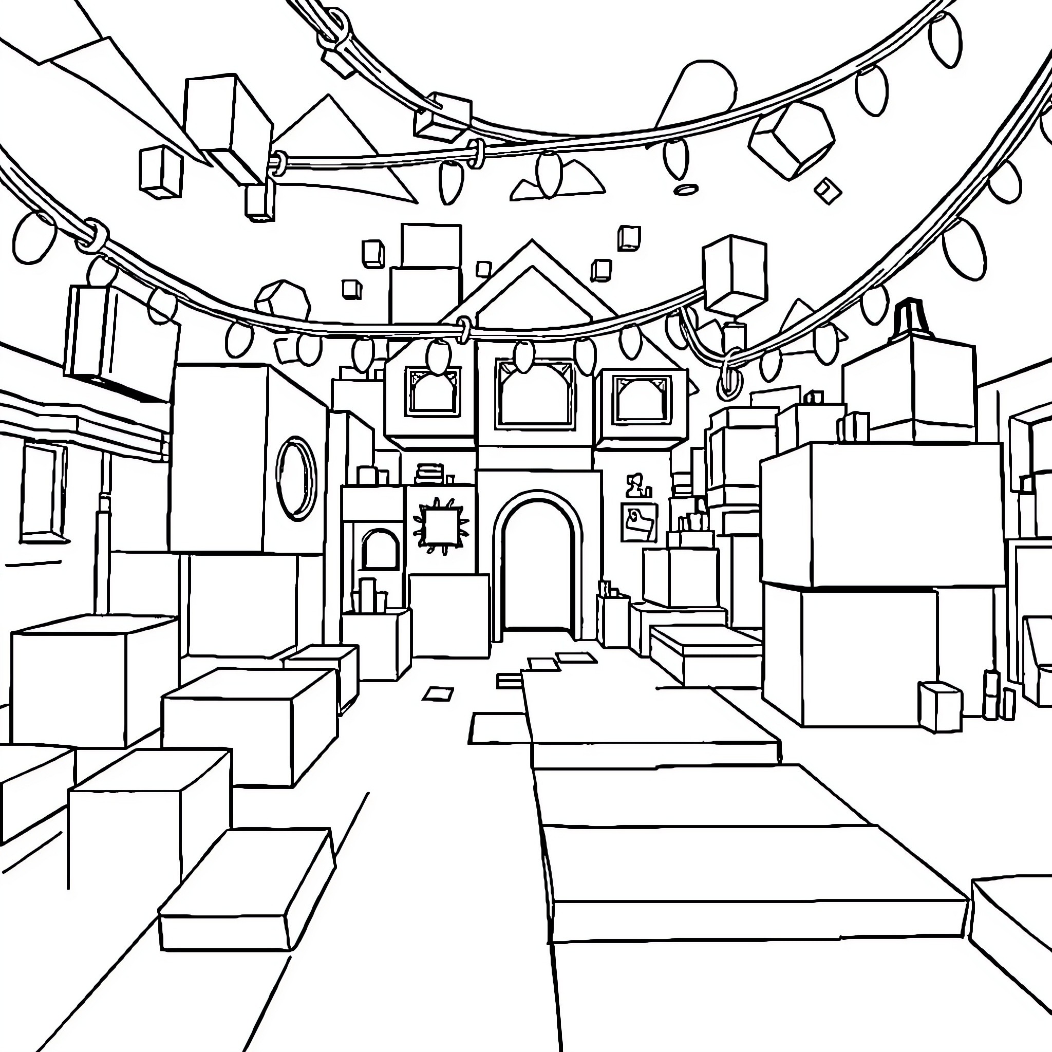 Geometry Dash: Playful Platforms and Shapes Coloring Page (free black-and-white line drawing printable PDF for all, from beginners to advanced learners, including children, teens, adults, and seniors)