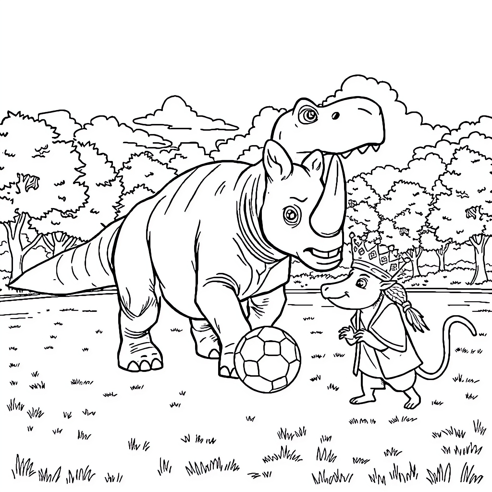 Dinosaur playing with soccer ball in the jungle Coloring Page (free black-and-white line drawing printable PDF for all, from beginners to advanced learners, including children, teens, adults, and seniors)
