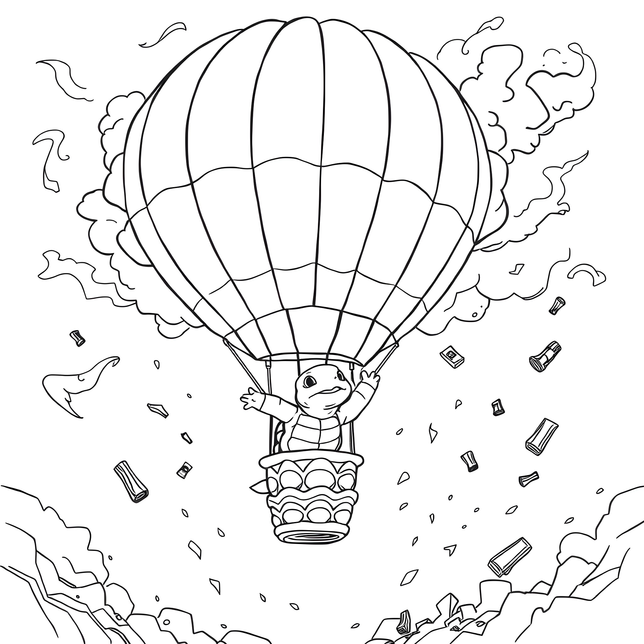 Turtle exploring the world in a hot air balloon Coloring Page (free black-and-white line drawing printable PDF for all, from beginners to advanced learners, including children, teens, adults, and seniors)