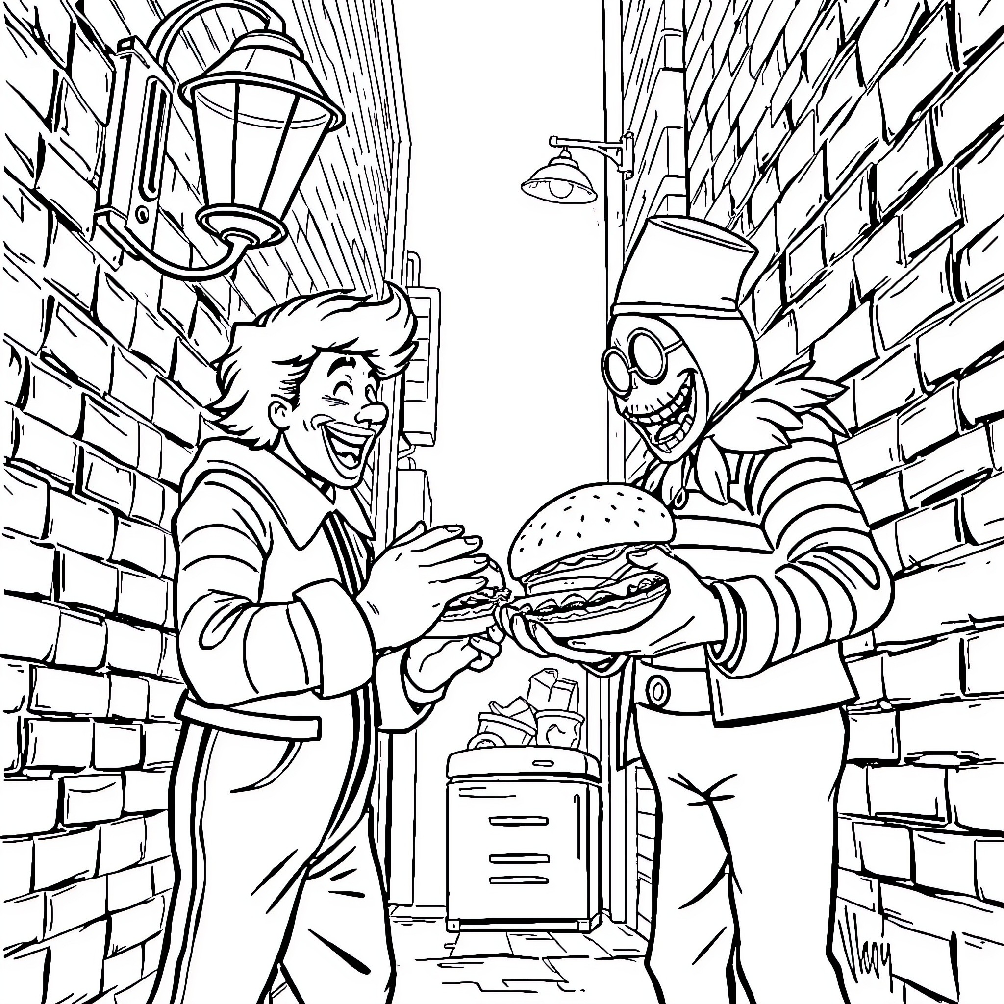Ronald McDonald offering a burger to a creepy clown in a dark alley Coloring Page (free black-and-white line drawing printable PDF for all, from beginners to advanced learners, including children, teens, adults, and seniors)