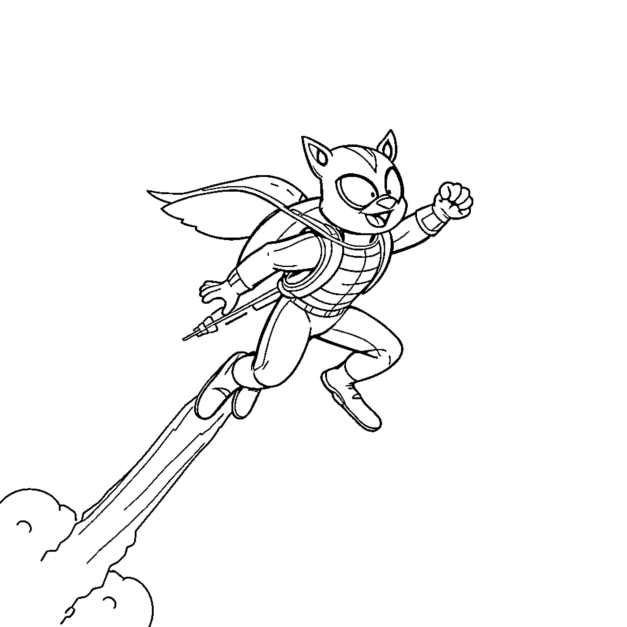 Pompier cat superhero flying through the air Coloring Page (free black-and-white line drawing printable PDF for all, from beginners to advanced learners, including children, teens, adults, and seniors)
