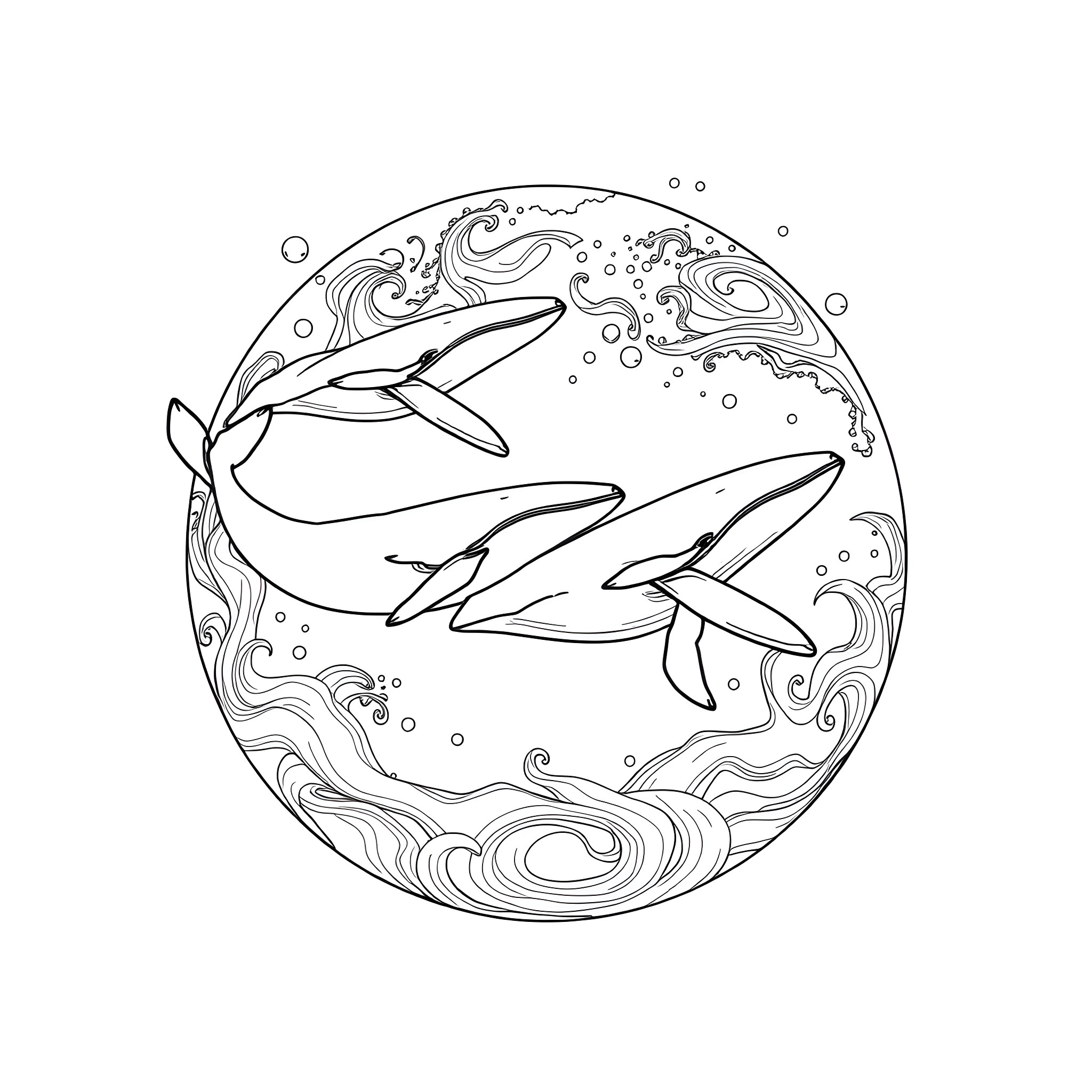 Whale pod swimming gracefully in the ocean Coloring Page (free black-and-white line drawing printable PDF for all, from beginners to advanced learners, including children, teens, adults, and seniors)