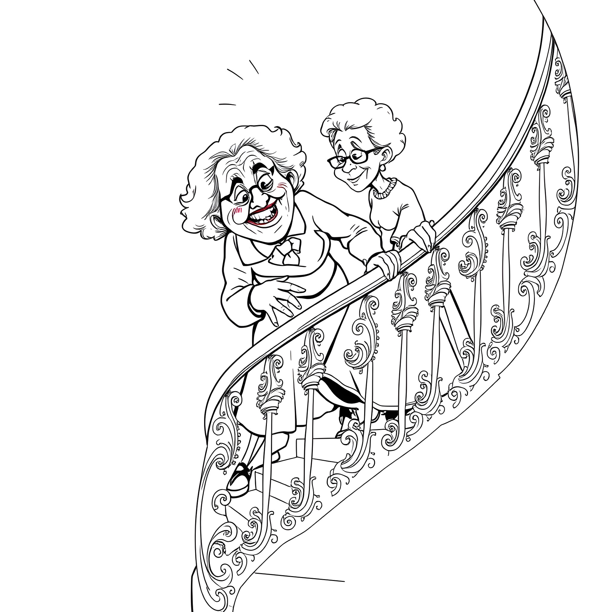 Grandma and Grandfather Joyfully Ascend Ornate Staircase Coloring Page (free black-and-white line drawing printable PDF for all, from beginners to advanced learners, including children, teens, adults, and seniors)