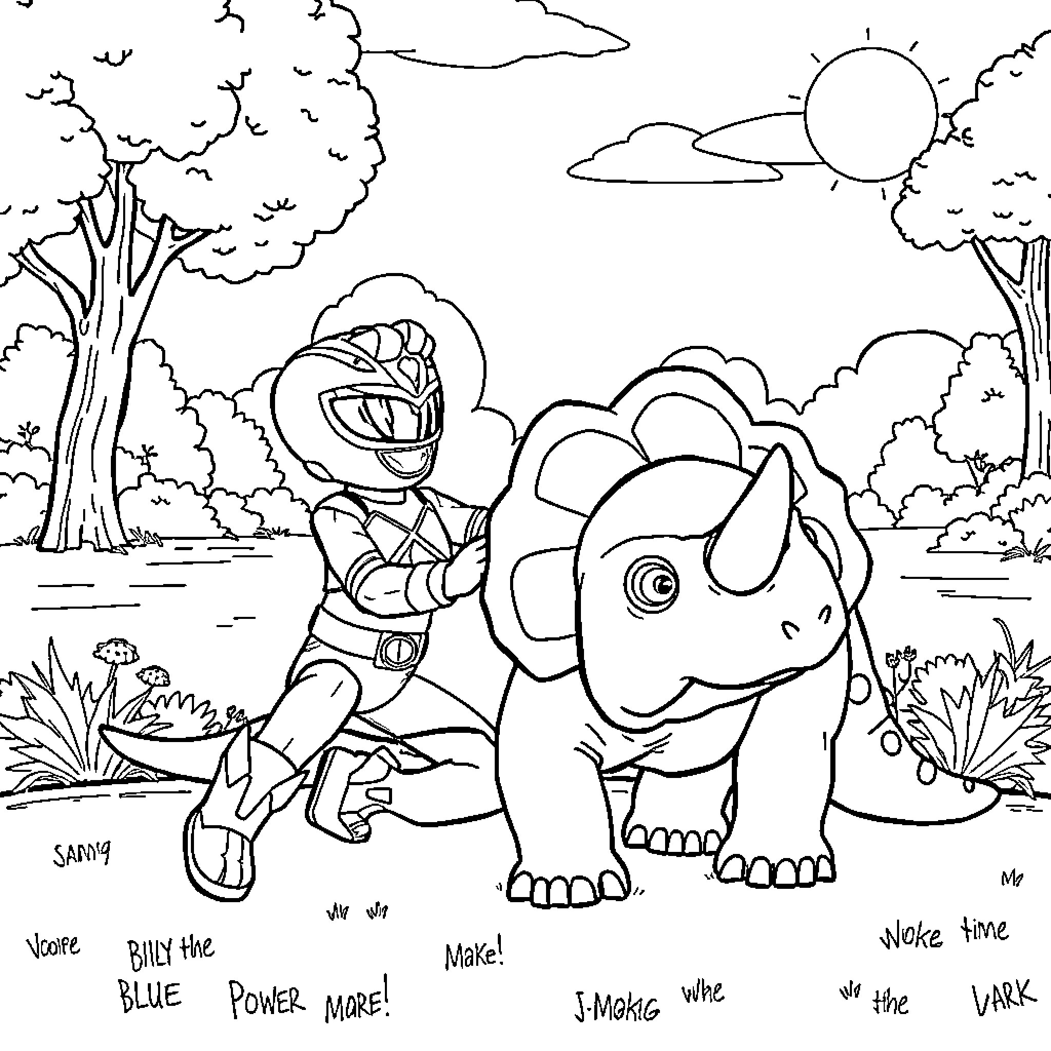 Billy Blue's Prehistoric Adventure with Friendly Dinosaur Coloring Page (free black-and-white line drawing printable PDF for all, from beginners to advanced learners, including children, teens, adults, and seniors)