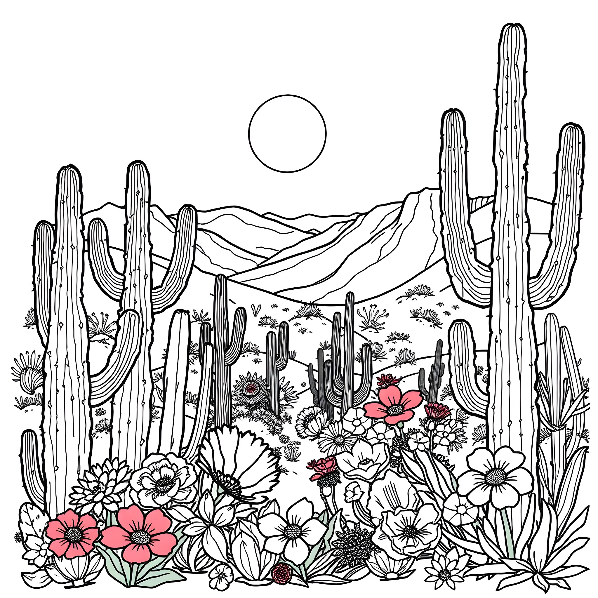 Mexican Desert Landscape with Blooming Cacti and Flowers Coloring Page (free black-and-white line drawing printable PDF for all, from beginners to advanced learners, including children, teens, adults, and seniors)