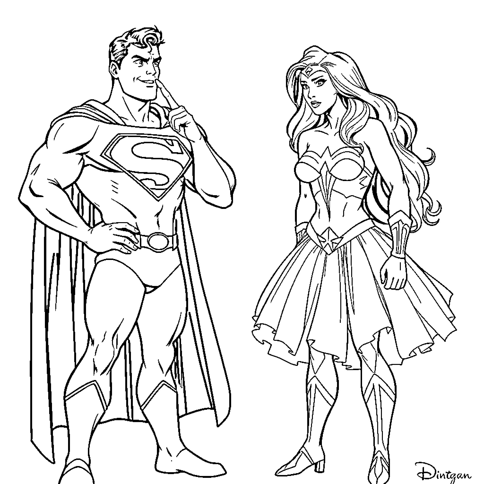 Superman and Wonder Woman in heroic poses Coloring Page (free black-and-white line drawing printable PDF for all, from beginners to advanced learners, including children, teens, adults, and seniors)