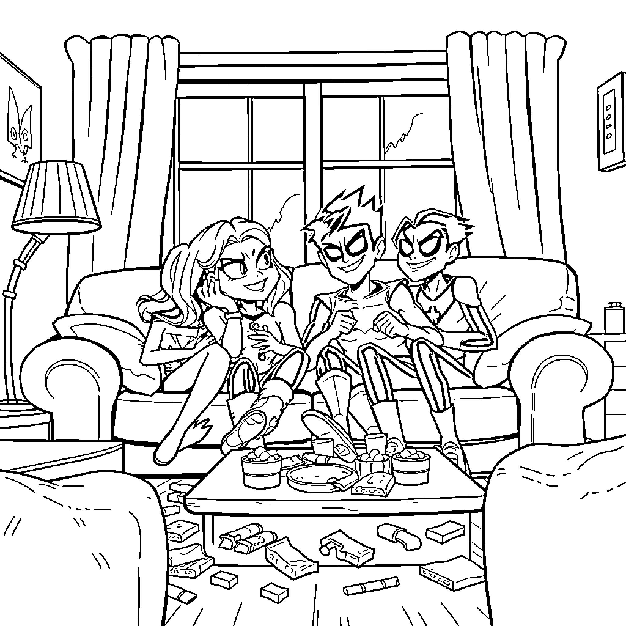 Teen Titans enjoying a relaxing day at home Coloring Page (free black-and-white line drawing printable PDF for all, from beginners to advanced learners, including children, teens, adults, and seniors)