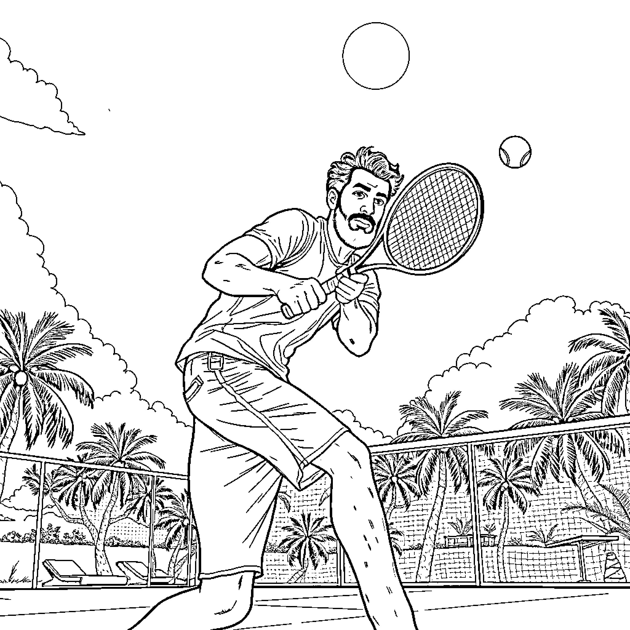 Mohammed Salah playing tennis on a sunny day Coloring Page (free black-and-white line drawing printable PDF for all, from beginners to advanced learners, including children, teens, adults, and seniors)