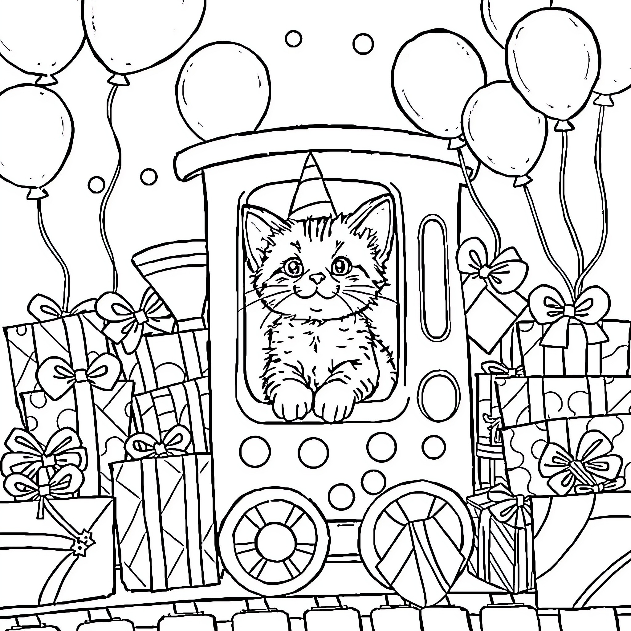 Kitten Riding in a Decorated Train Coloring Page (free black-and-white line drawing printable PDF for all, from beginners to advanced learners, including children, teens, adults, and seniors)
