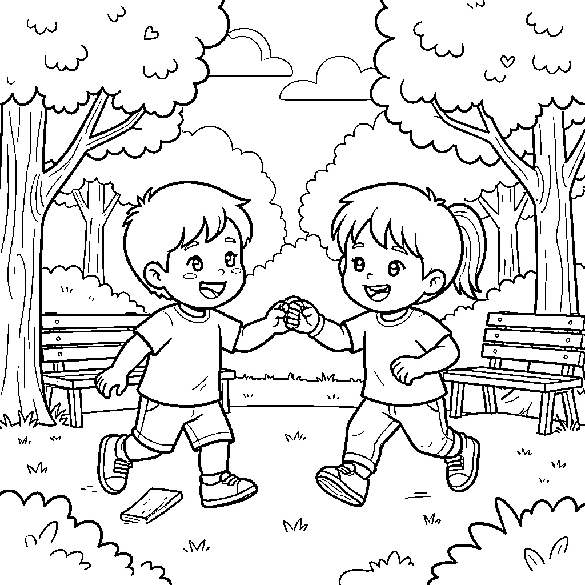 Children playing together in the park Coloring Page (free black-and-white line drawing printable PDF for all, from beginners to advanced learners, including children, teens, adults, and seniors)