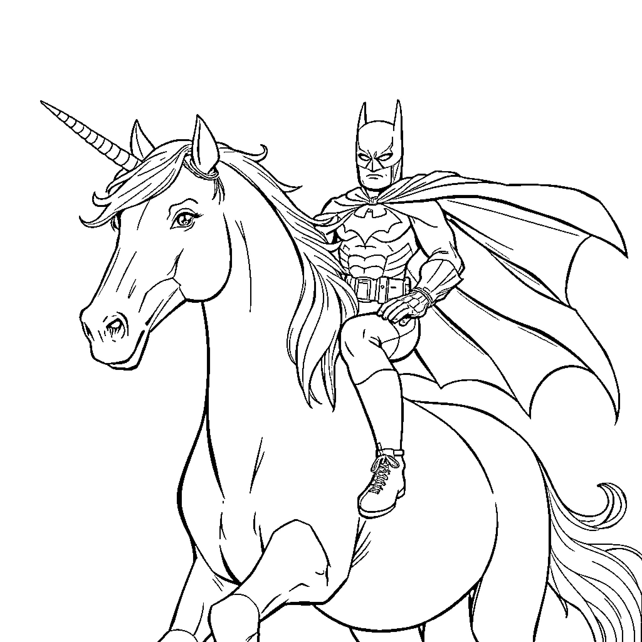 Batman riding a unicorn in action pose Coloring Page (free black-and-white line drawing printable PDF for all, from beginners to advanced learners, including children, teens, adults, and seniors)
