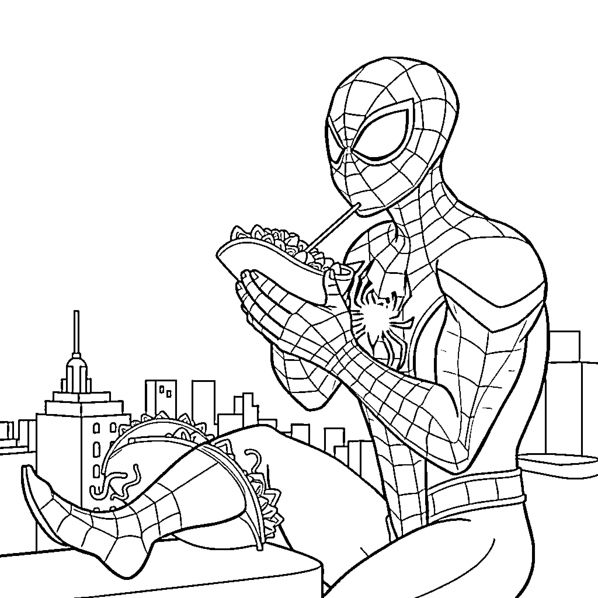Spiderman saves the city from a villain Coloring Page (free black-and-white line drawing printable PDF for all, from beginners to advanced learners, including children, teens, adults, and seniors)