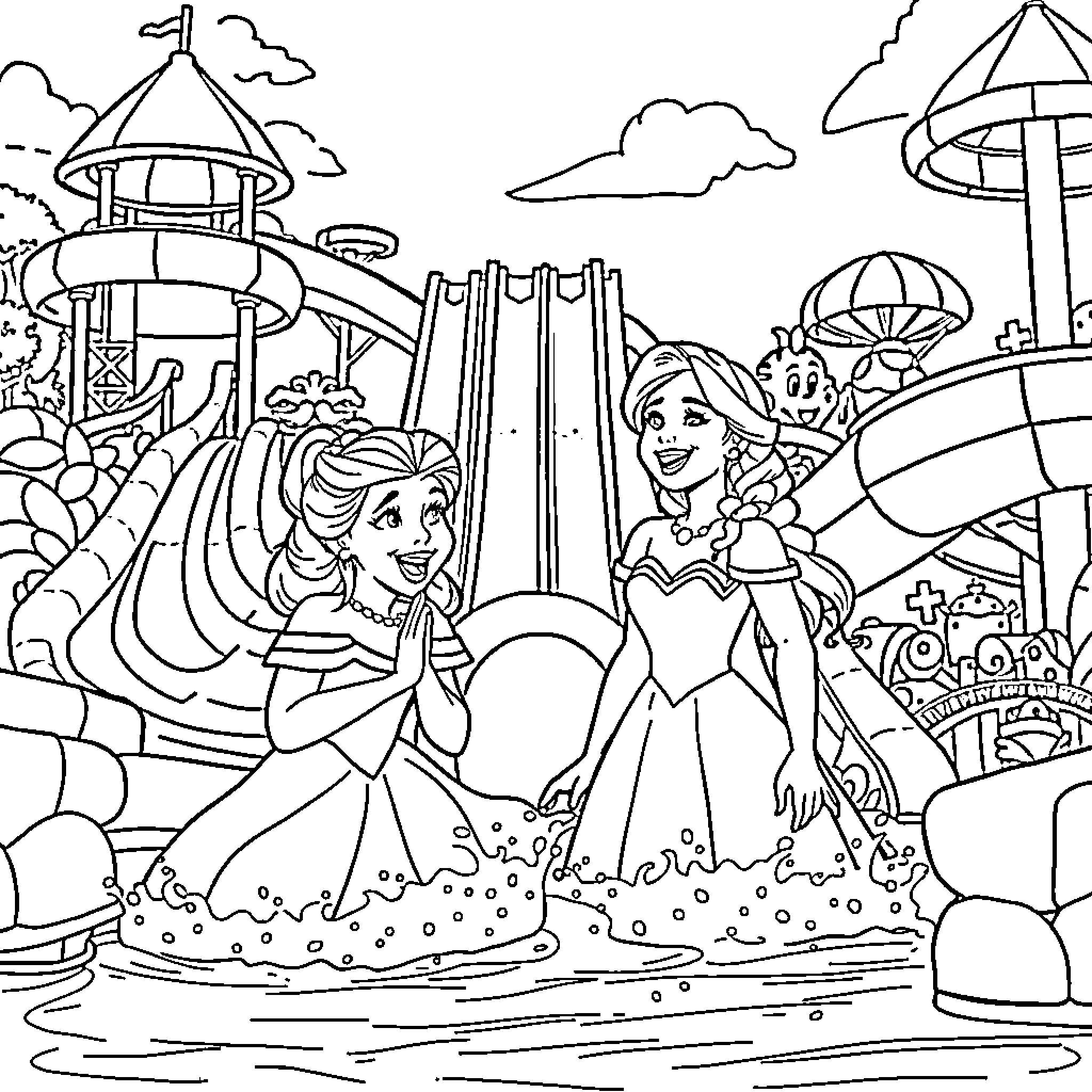 Belle's Fun Day at the Amusement Park Coloring Page (free black-and-white line drawing printable PDF for all, from beginners to advanced learners, including children, teens, adults, and seniors)