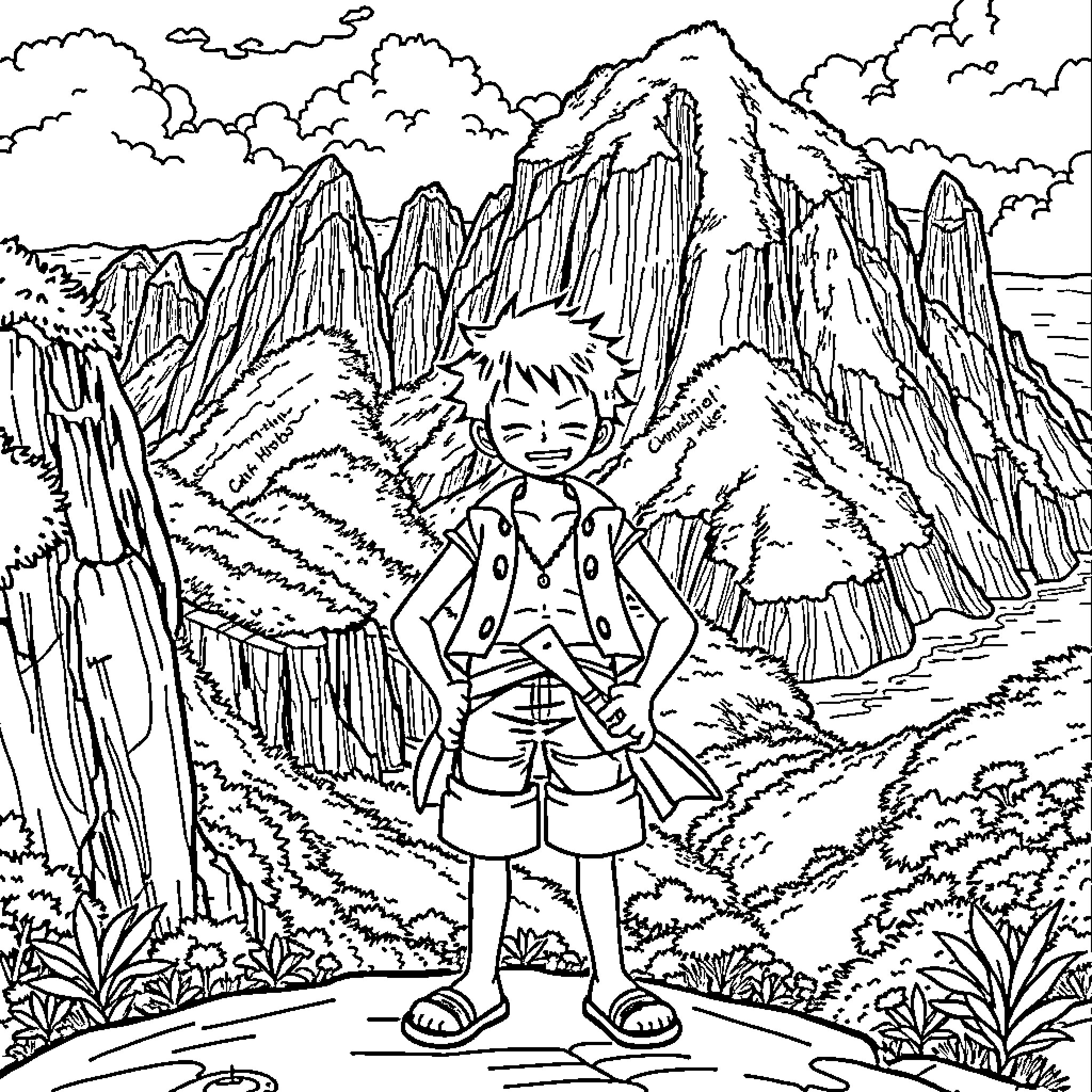 Luffy enjoying the scenic mountain landscape Coloring Page (free black-and-white line drawing printable PDF for all, from beginners to advanced learners, including children, teens, adults, and seniors)