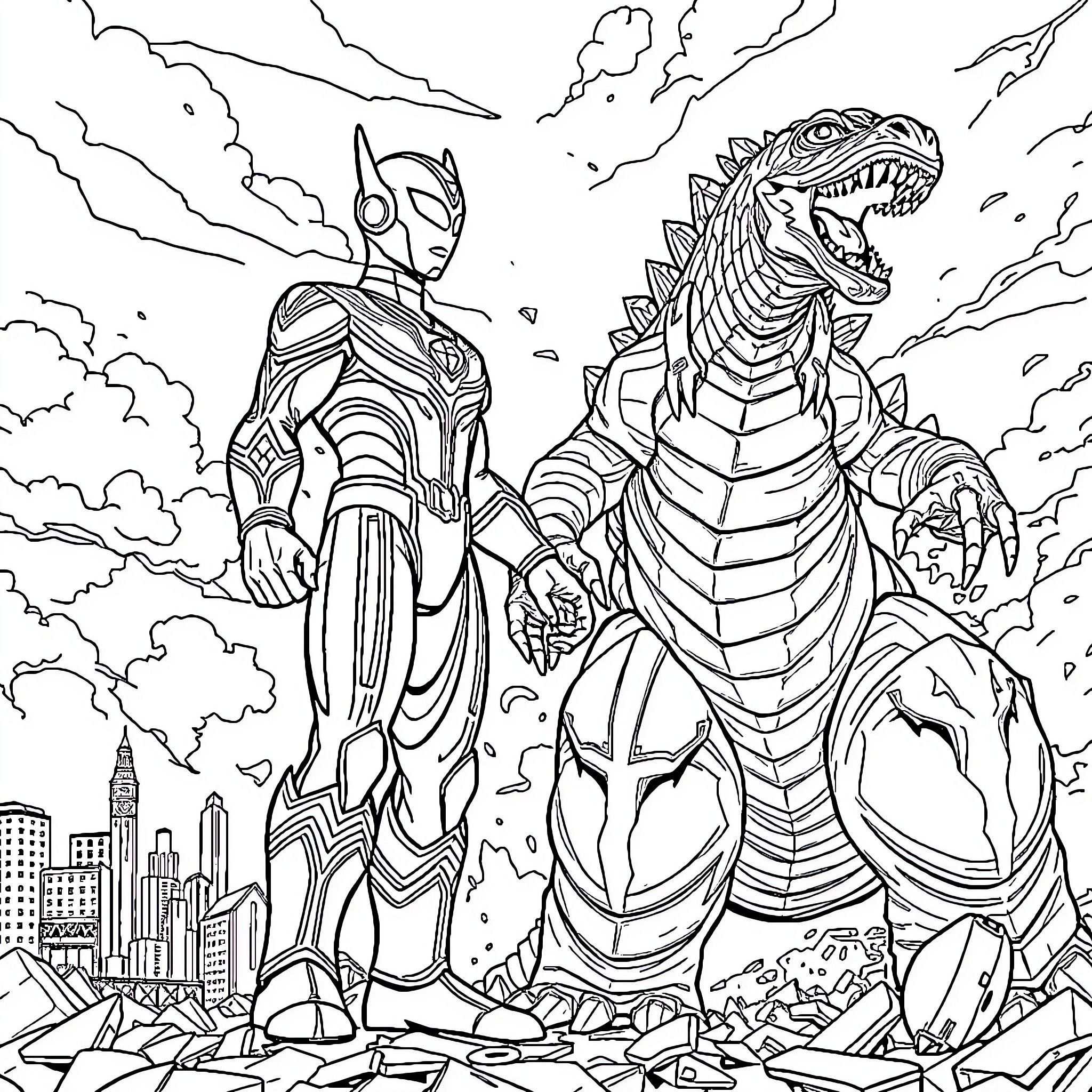 Ultraman battling a fierce monstrous creature in the city Coloring Page (free black-and-white line drawing printable PDF for all, from beginners to advanced learners, including children, teens, adults, and seniors)