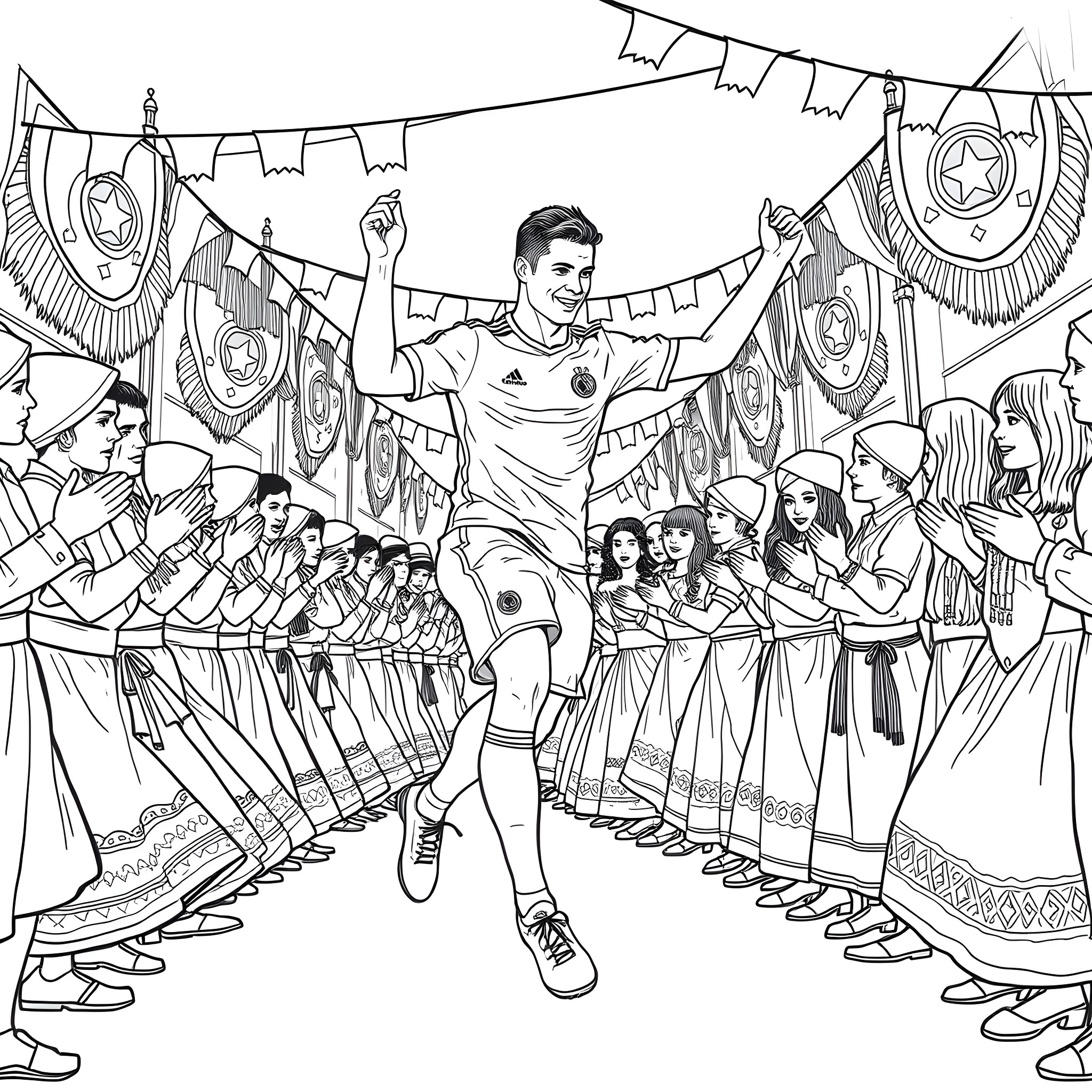 Ronaldo celebrates victory with excited fans in stadium Coloring Page (free black-and-white line drawing printable PDF for all, from beginners to advanced learners, including children, teens, adults, and seniors)