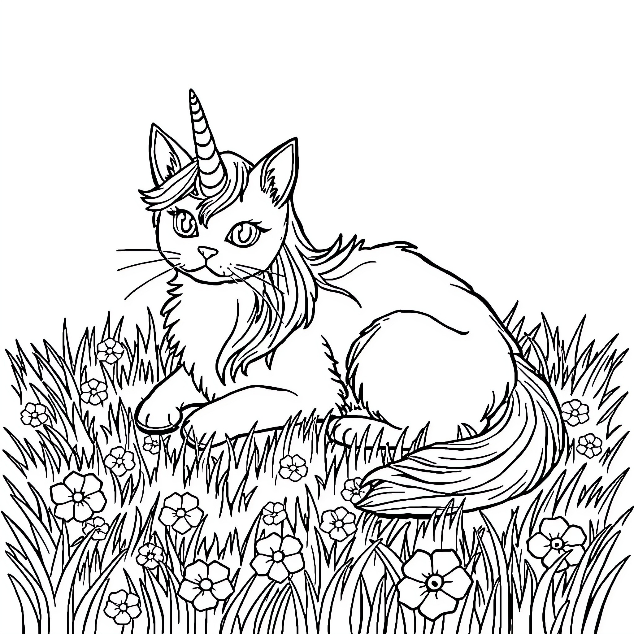 Unicorn Cat in a Flowery Meadow Coloring Page (free black-and-white line drawing printable PDF for all, from beginners to advanced learners, including children, teens, adults, and seniors)