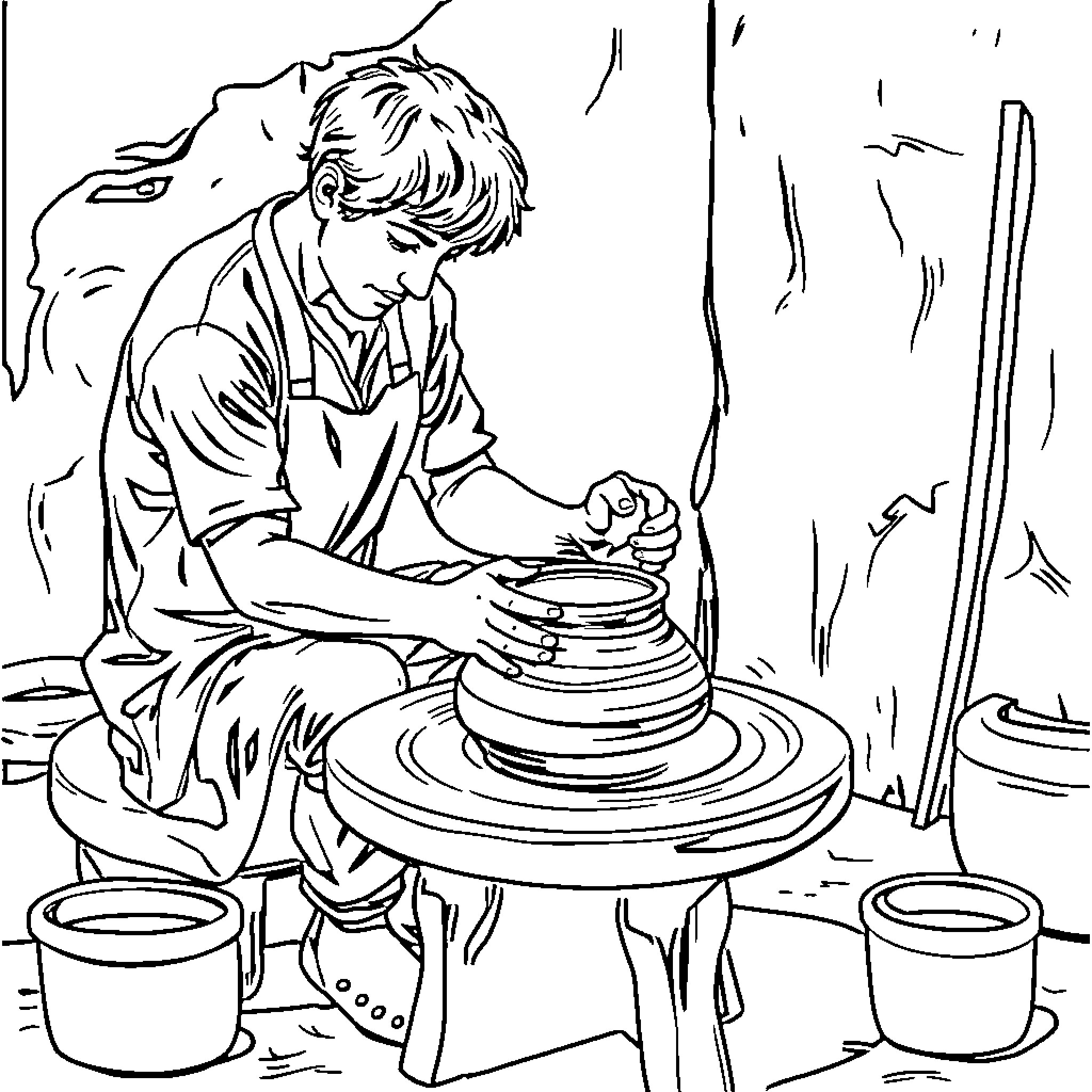 Potter crafting pottery in a creative workshop Coloring Page (free black-and-white line drawing printable PDF for all, from beginners to advanced learners, including children, teens, adults, and seniors)