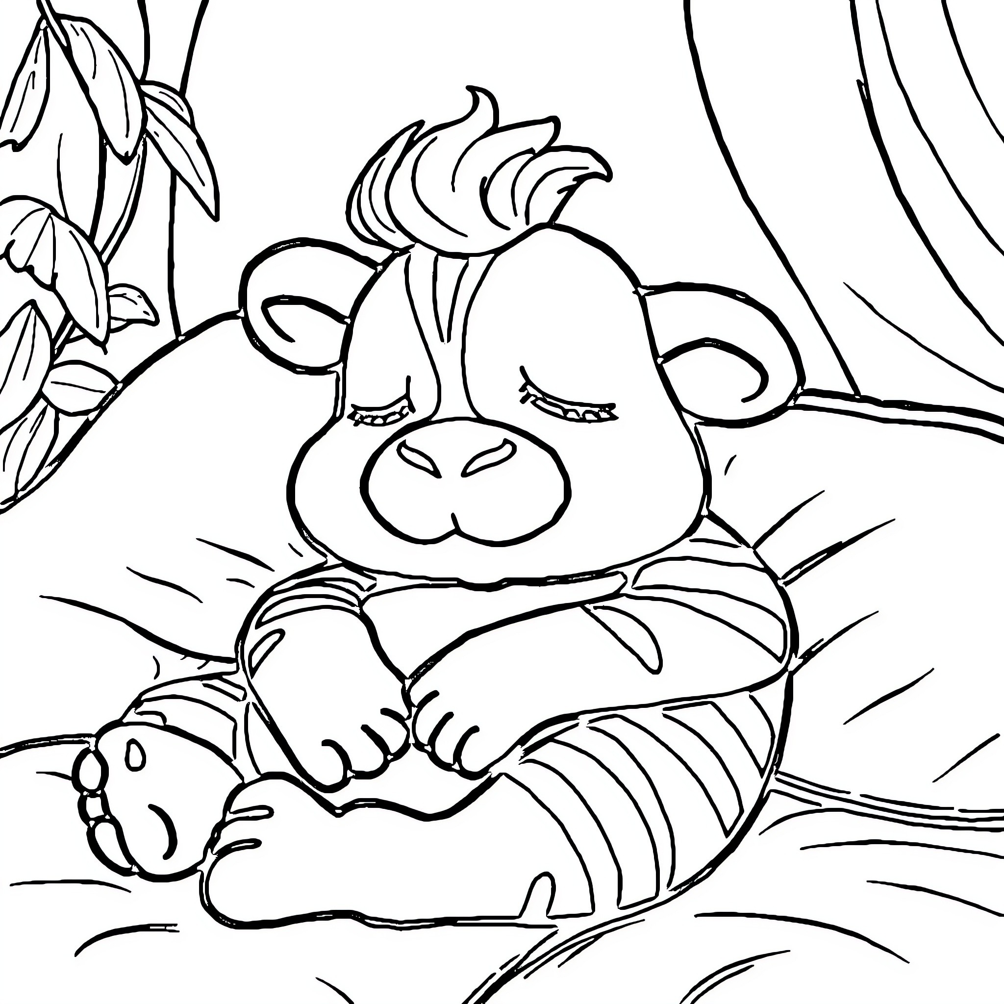 Bumba's Cozy Nap with Furry Friend Coloring Page (free black-and-white line drawing printable PDF for all, from beginners to advanced learners, including children, teens, adults, and seniors)