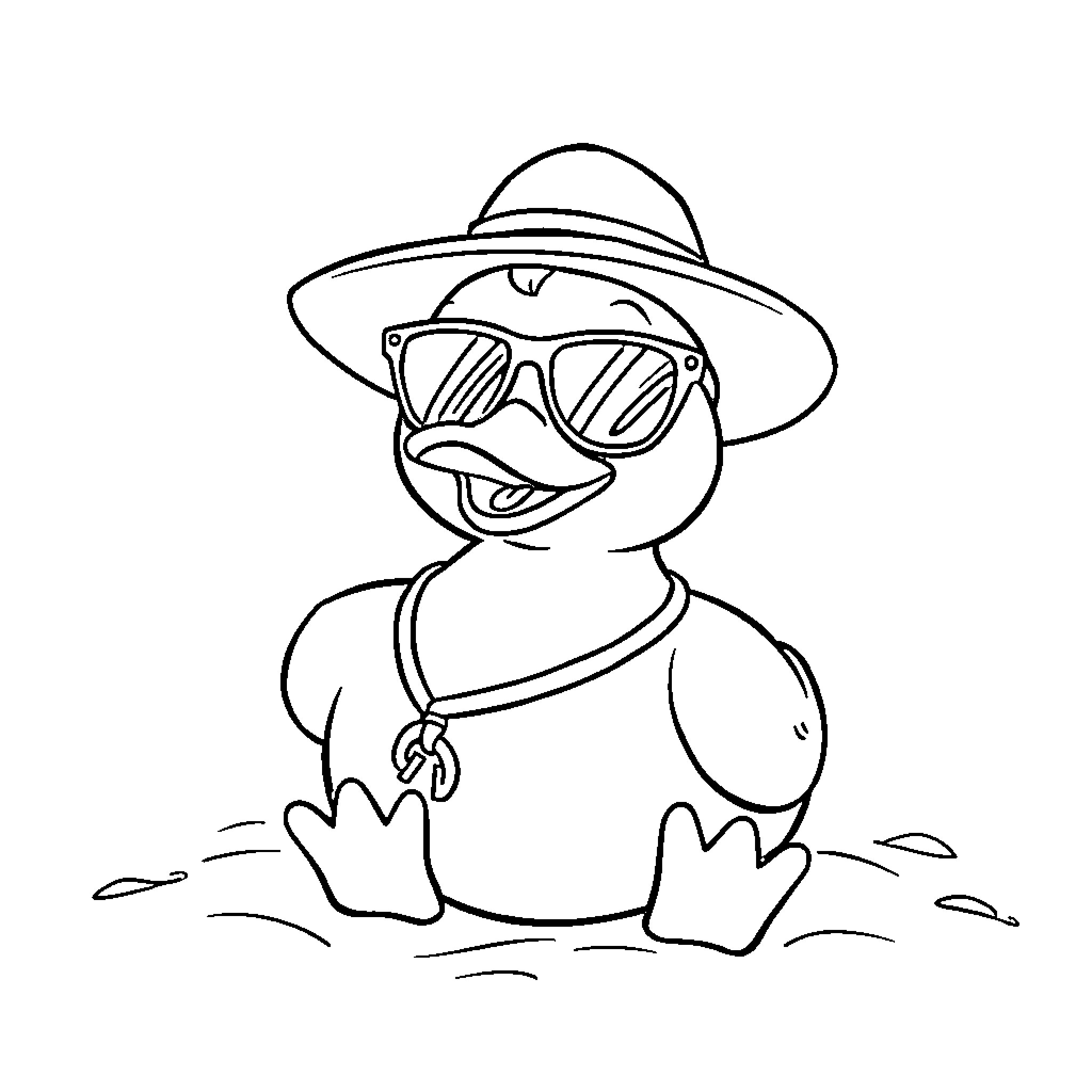 Duck in sunglasses enjoying the outdoors Coloring Page (free black-and-white line drawing printable PDF for all, from beginners to advanced learners, including children, teens, adults, and seniors)