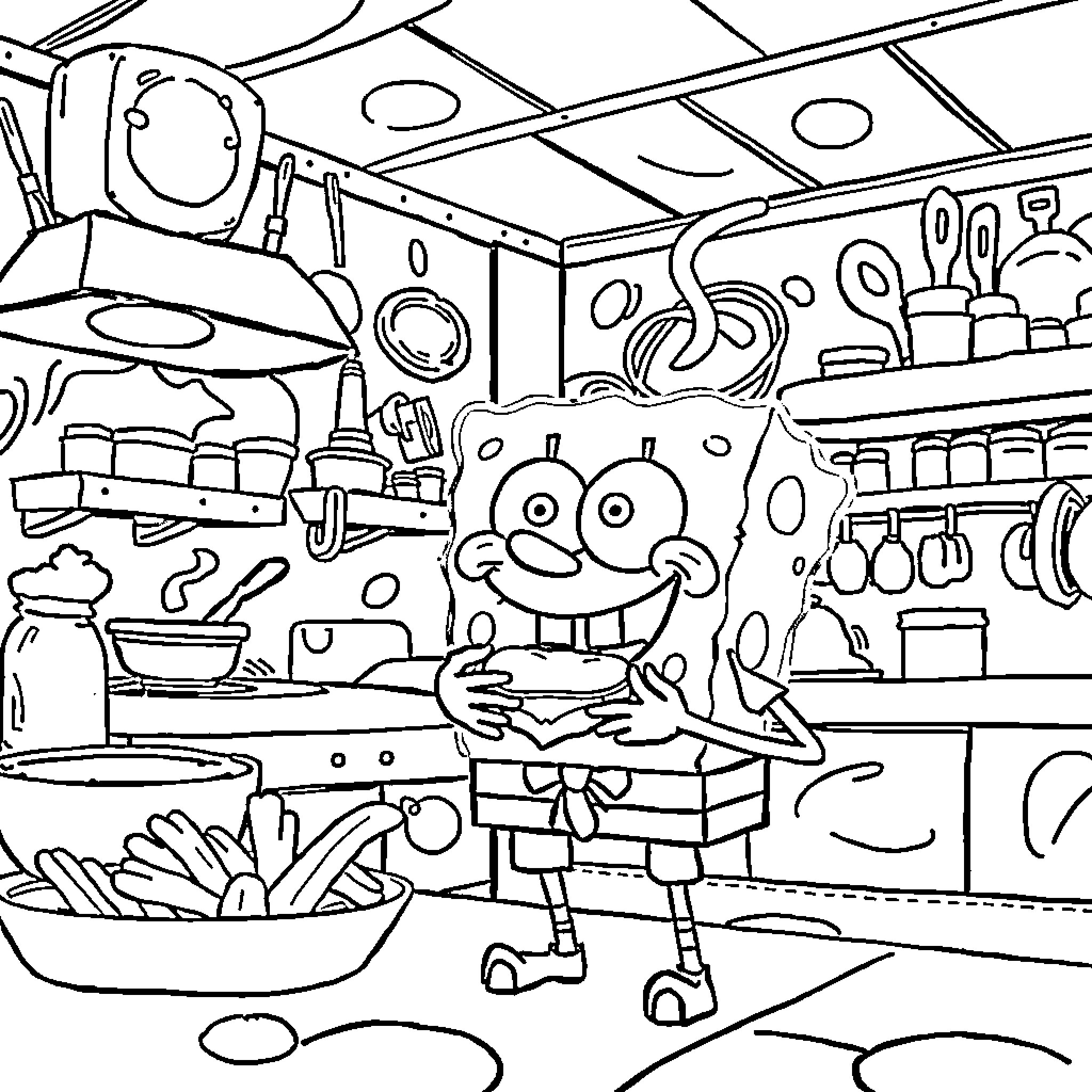 Spongebob's Wacky Adventures in the Kitchen Coloring Page (free black-and-white line drawing printable PDF for all, from beginners to advanced learners, including children, teens, adults, and seniors)