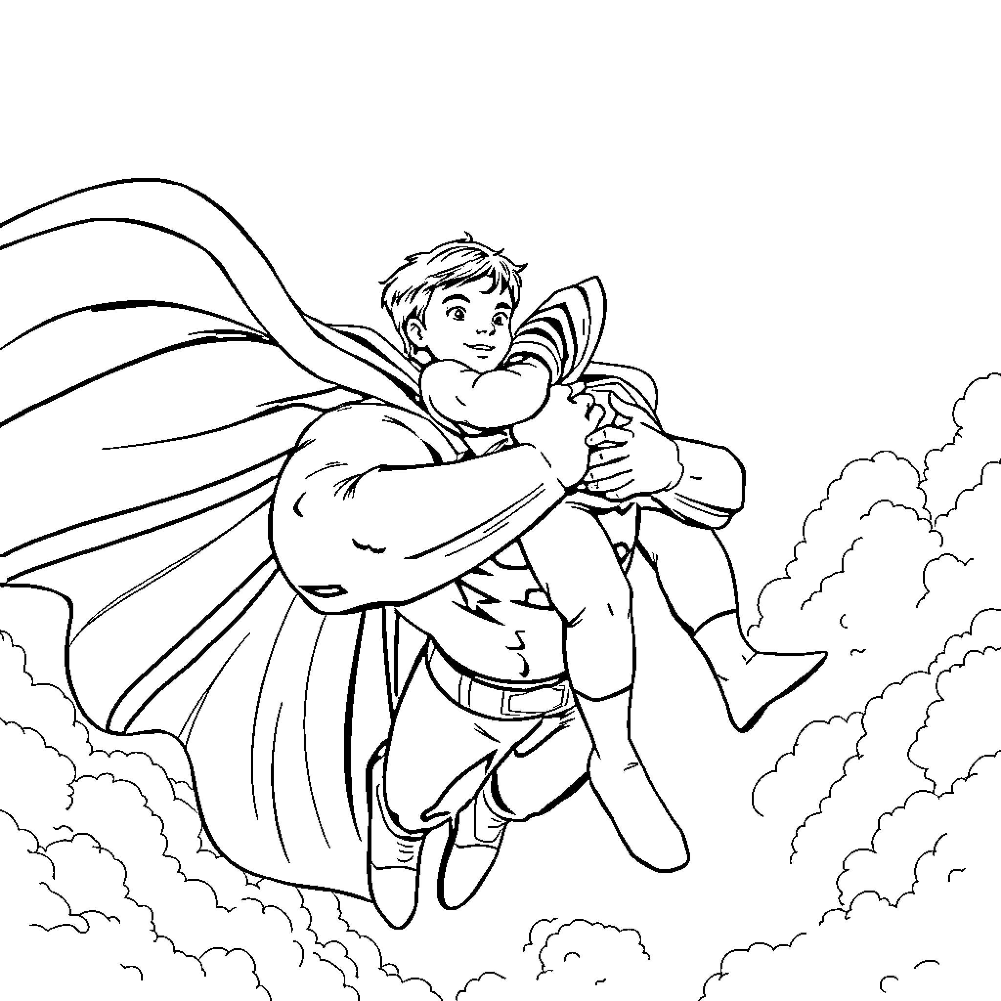 Superman flying with determination in the sky Coloring Page (free black-and-white line drawing printable PDF for all, from beginners to advanced learners, including children, teens, adults, and seniors)