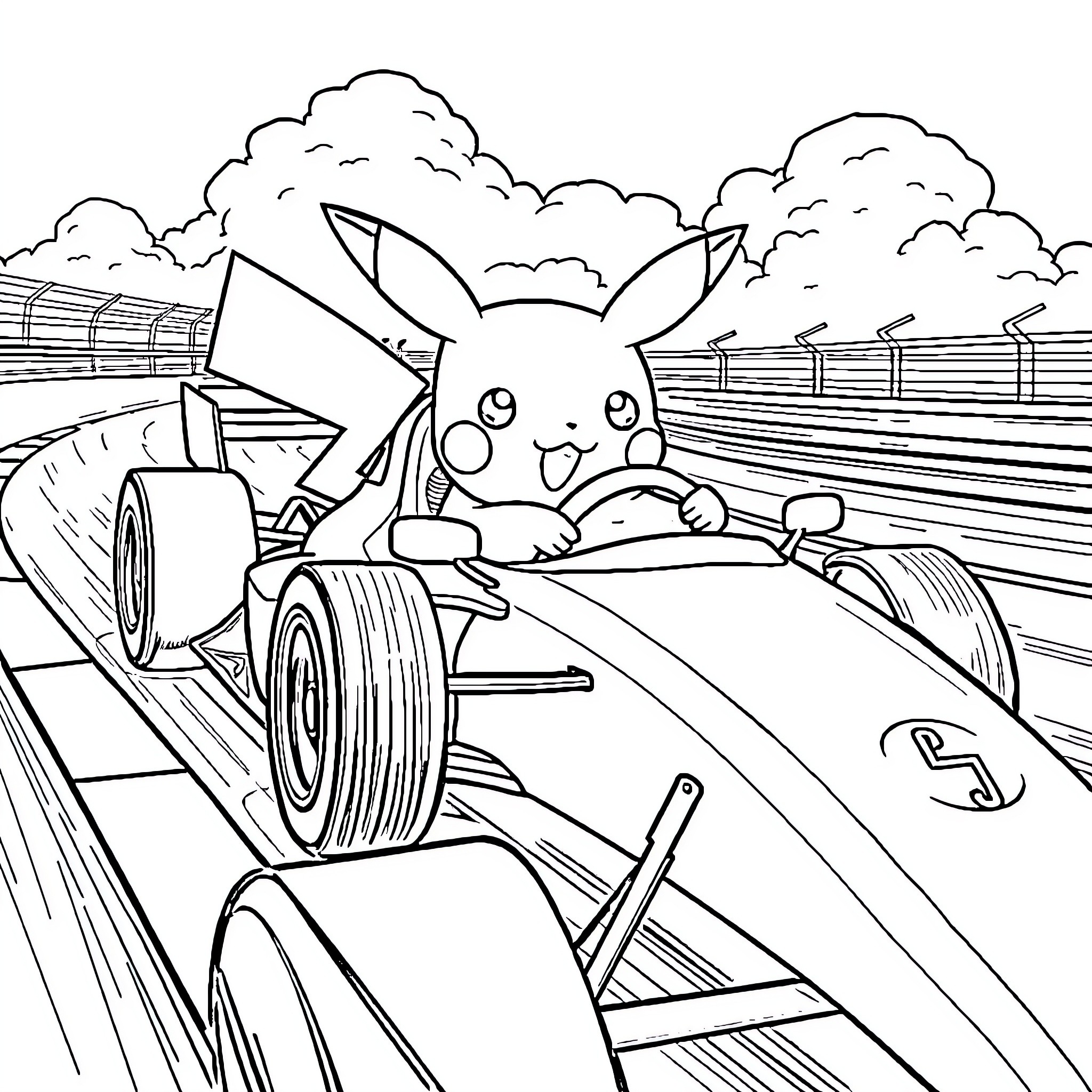 Pikachu driving a race car on the track Coloring Page (free black-and-white line drawing printable PDF for all, from beginners to advanced learners, including children, teens, adults, and seniors)